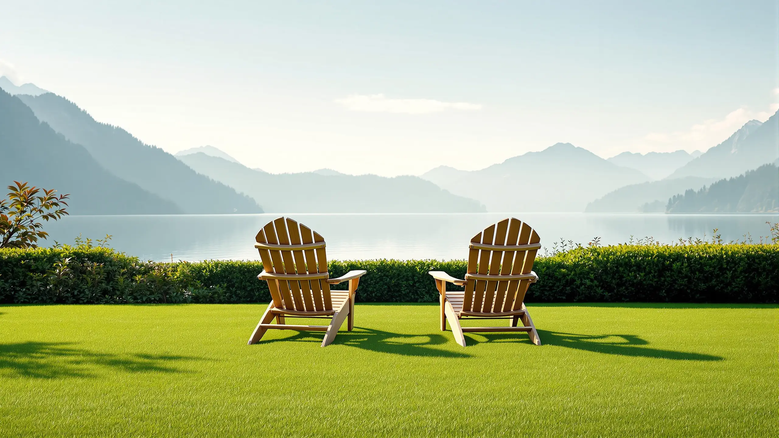 Zwei leere Liegestühle auf einer gemähten Gartenterrasse über einem stillen See