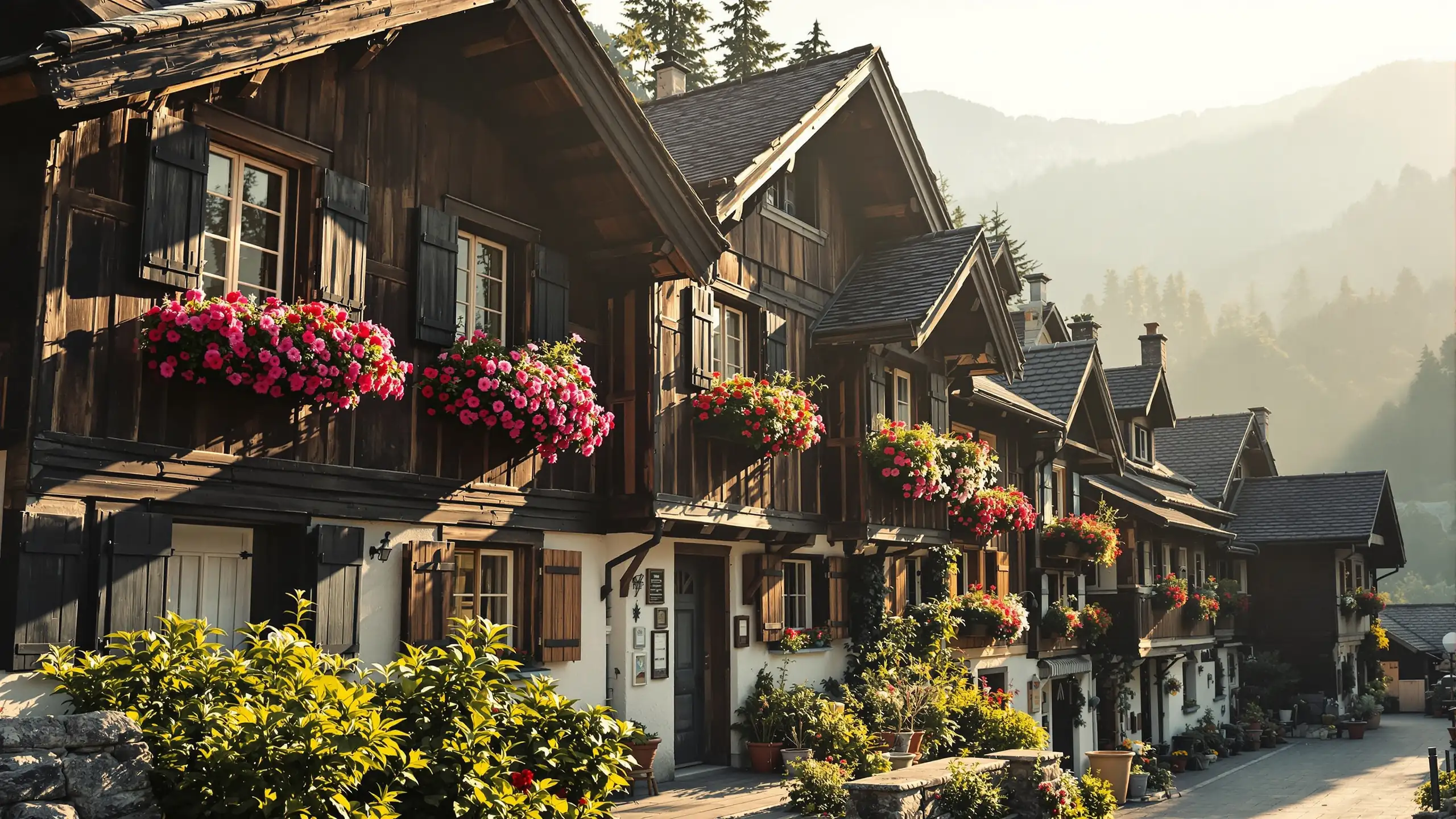 Sunlit timber facades and window boxes in a village on a hillside