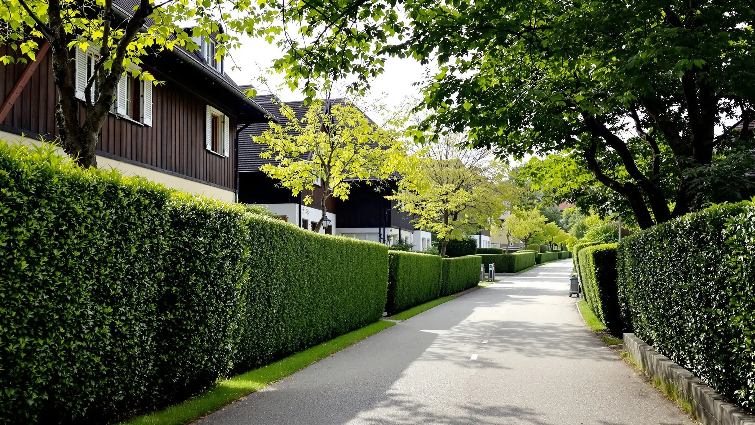 Ruhiger Wohnweg zwischen geschnittenen Hecken und Gartenmauern im Morgenlicht