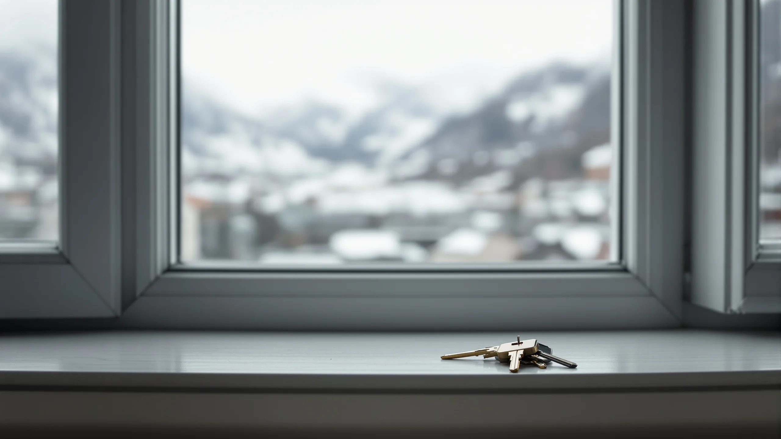 Ein Schlüsselbund auf einer leeren Fensterbank in einem geräumten Zimmer