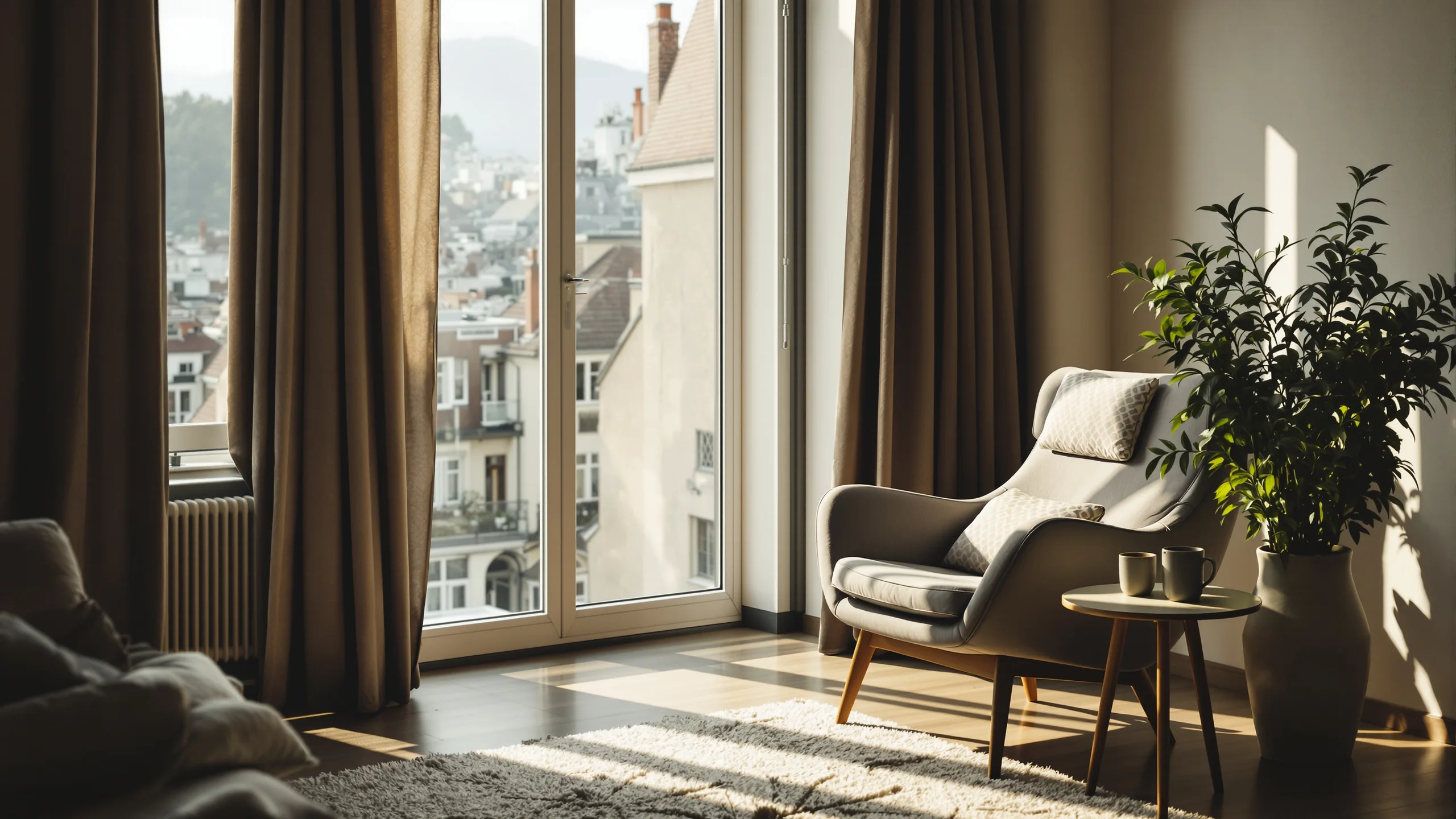 Ruhige Leseecke am hohen Fenster mit Blick über die Dächer