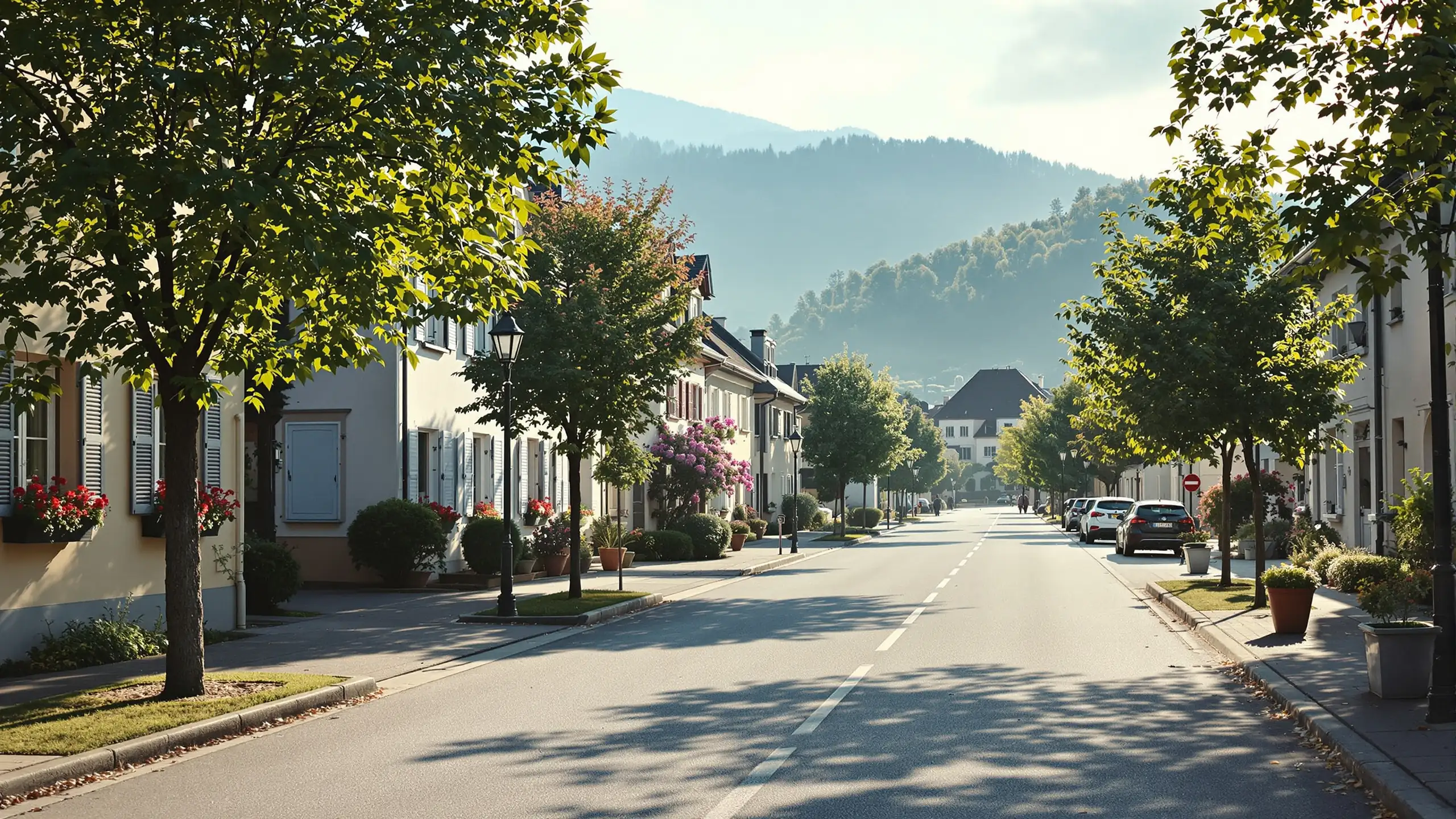 A quiet residential street in a Swiss town, trees and flower boxes along the pavement, low hills behind