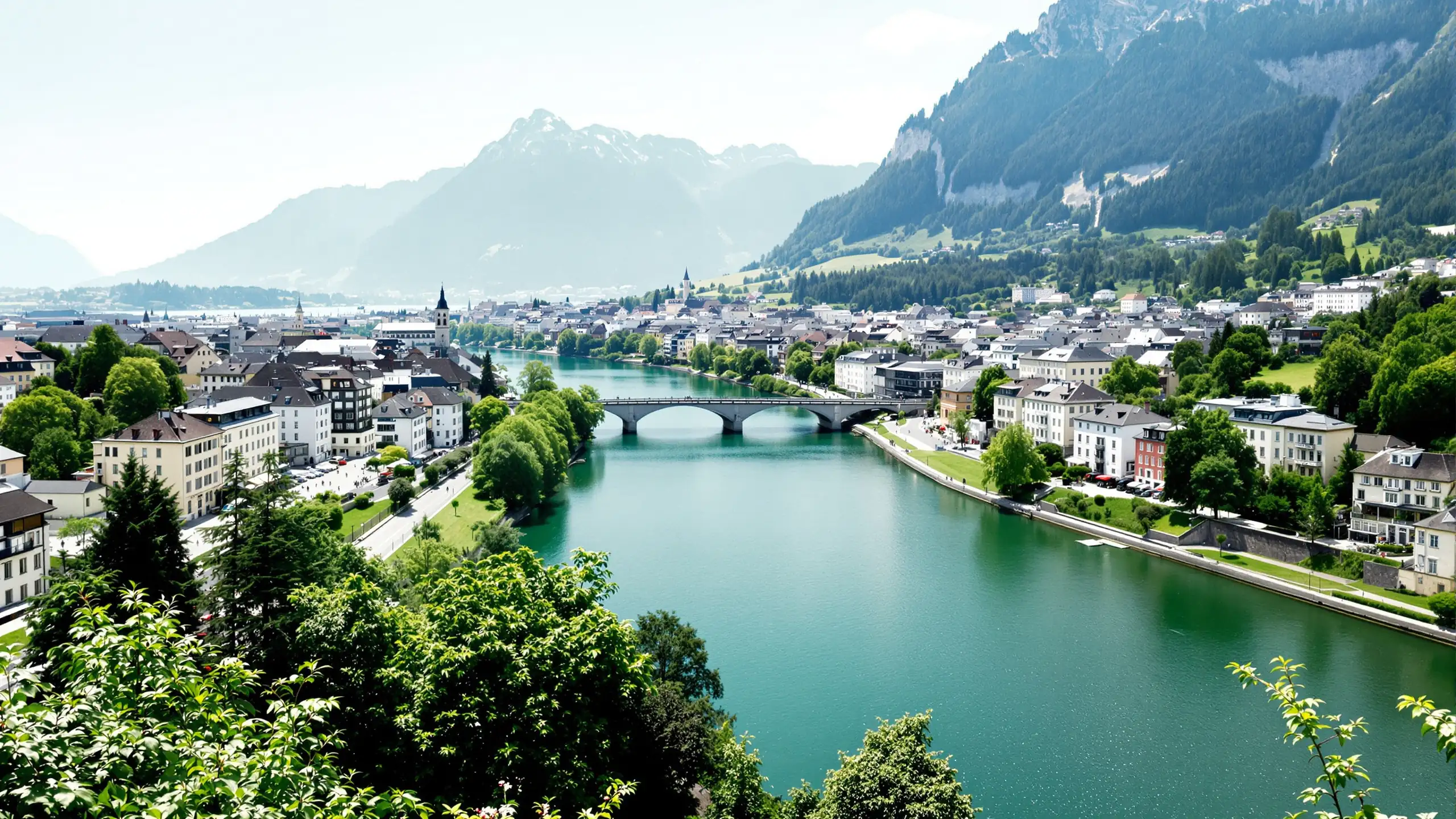 Blick von einer Brücke über eine mittelgrosse Schweizer Stadt am Fluss