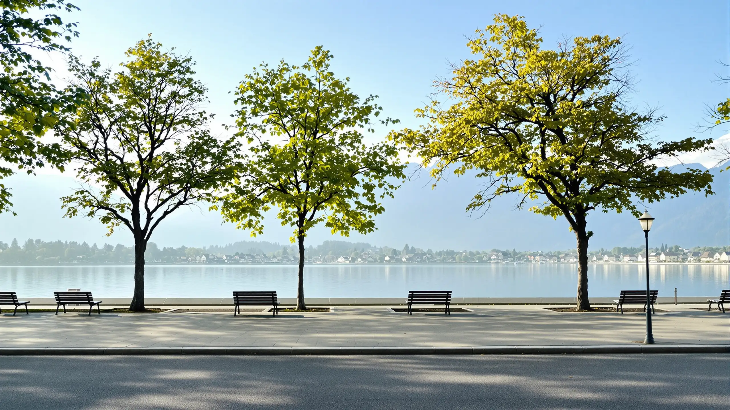 A lakeside promenade with young trees and empty benches, the town on the far shore in clear light