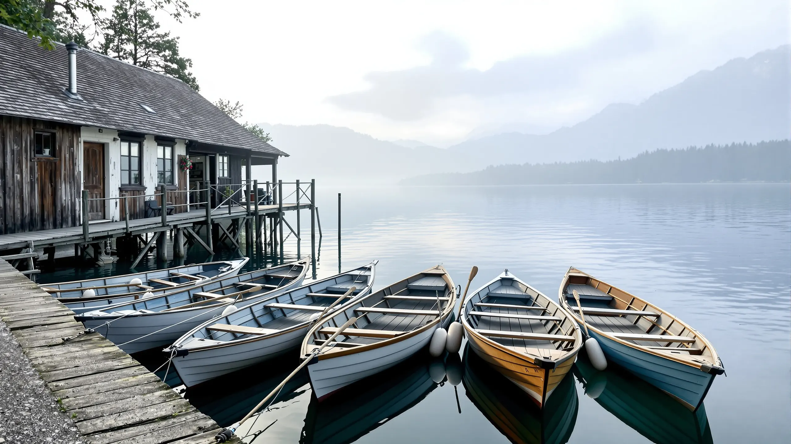 Ruderboote in einer Reihe an einem hölzernen Bootshaus am See, stilles Morgenwasser
