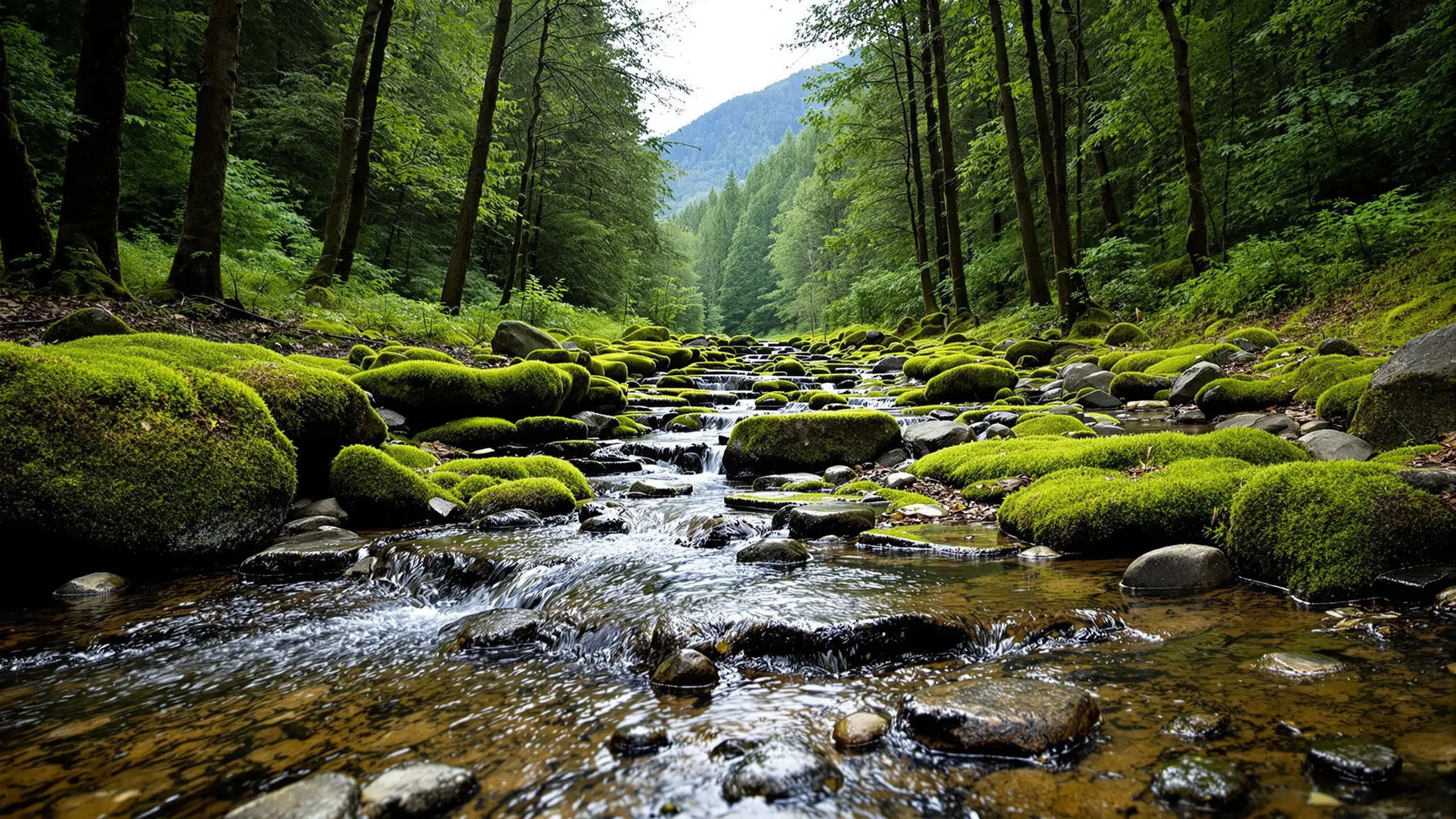 Klarer Bach kehrt in vielen kleinen Stufen über bemooste Steine durch den Wald zurück, weiches diffuses Licht