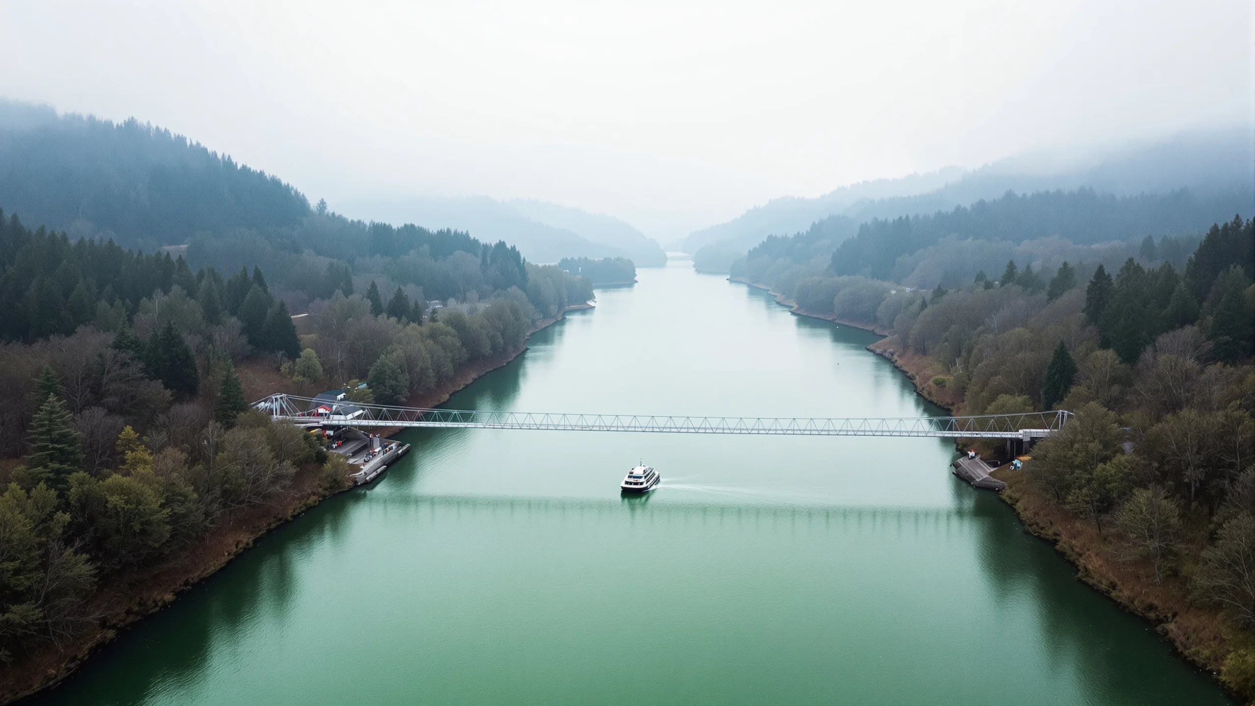 Schmale Fähre überquert einen ruhigen Fluss zwischen zwei bewaldeten Ufern, von oben gesehen