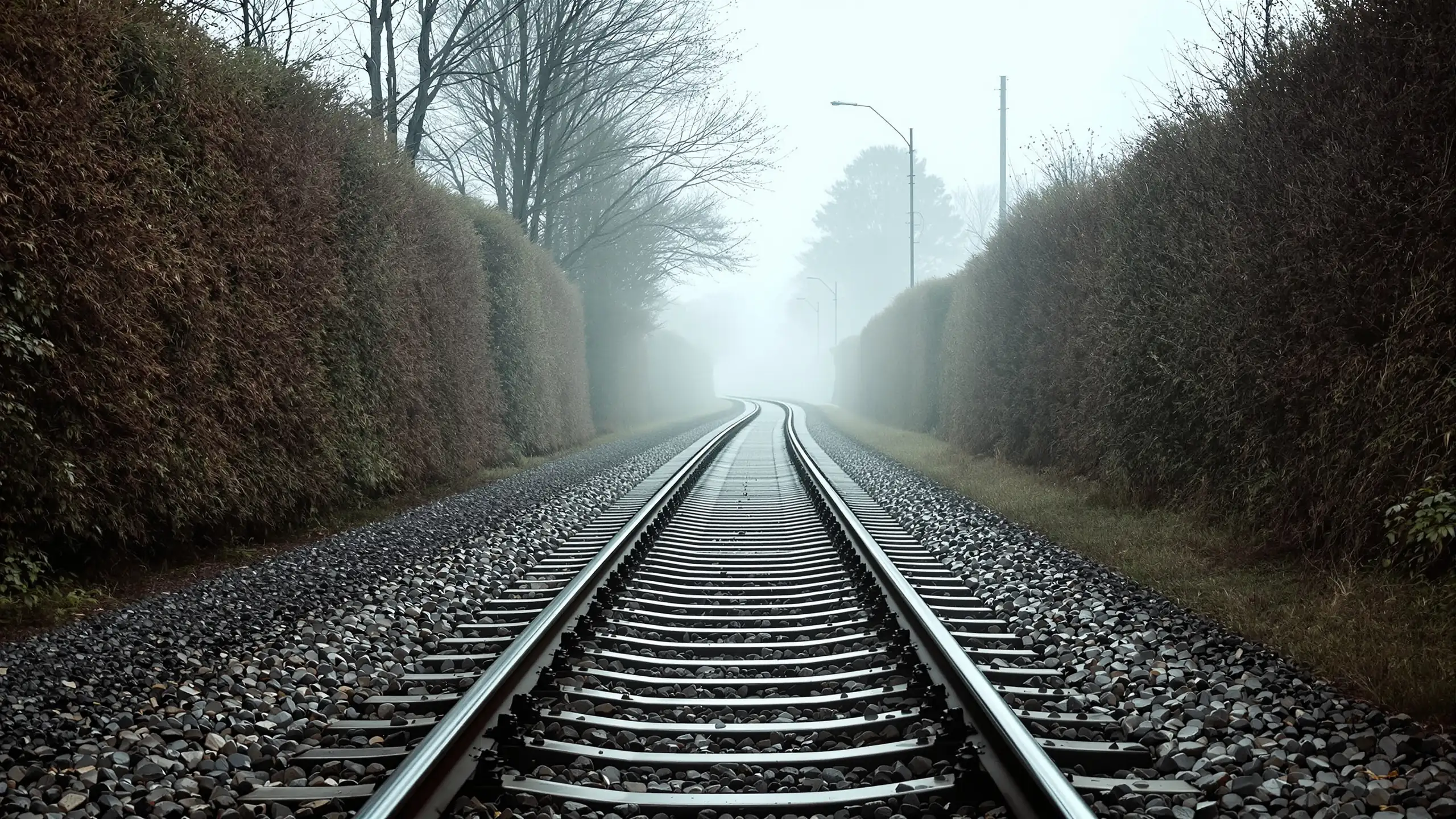 Leere Bahngleise verlieren sich zwischen Hecken im Morgendunst, keine Station in Sicht
