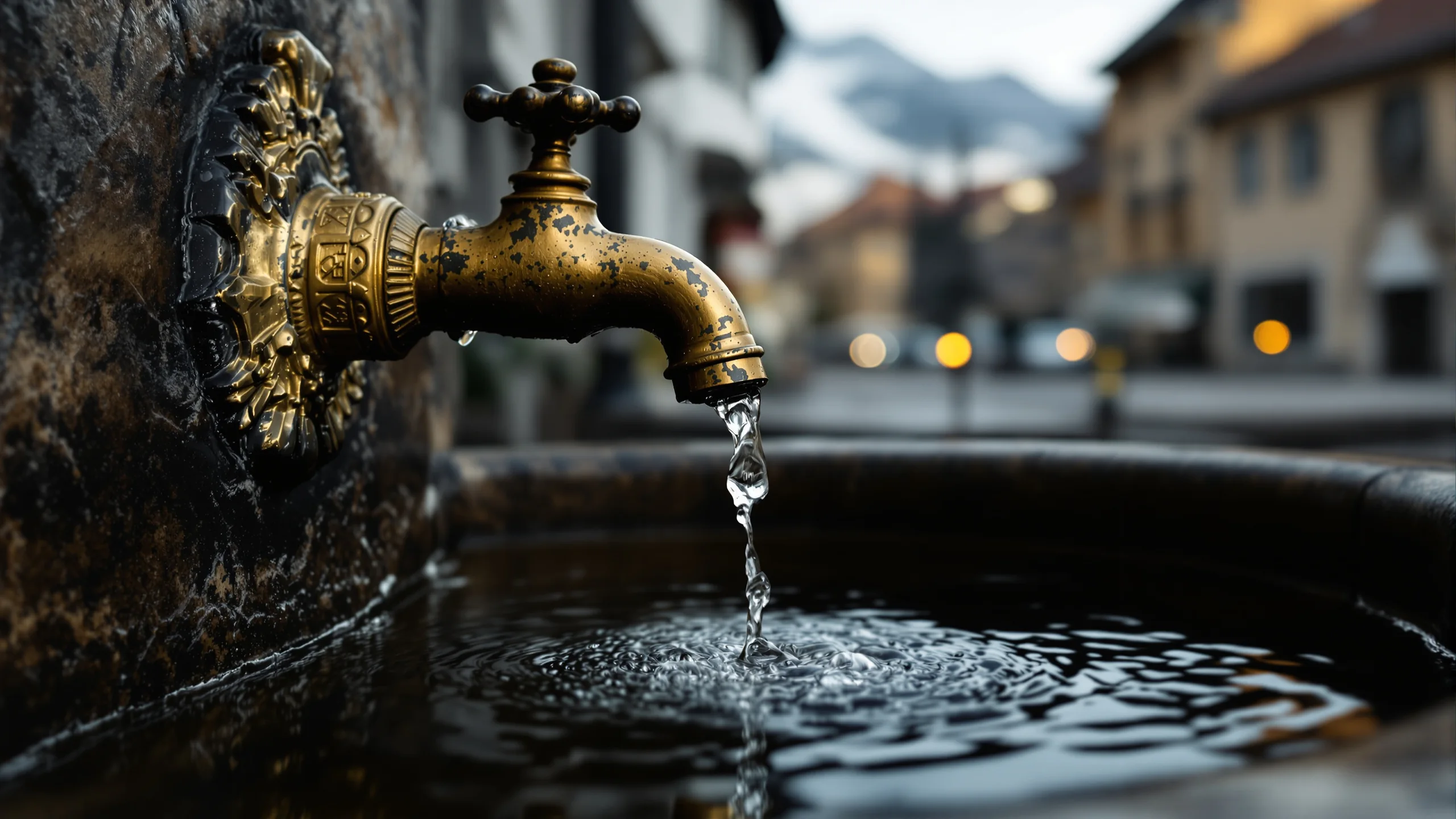 Alter Messinghahn eines Dorfbrunnens, ein dünner Wasserfaden fällt ins dunkle Steinbecken, die Gasse dahinter in Unschärfe