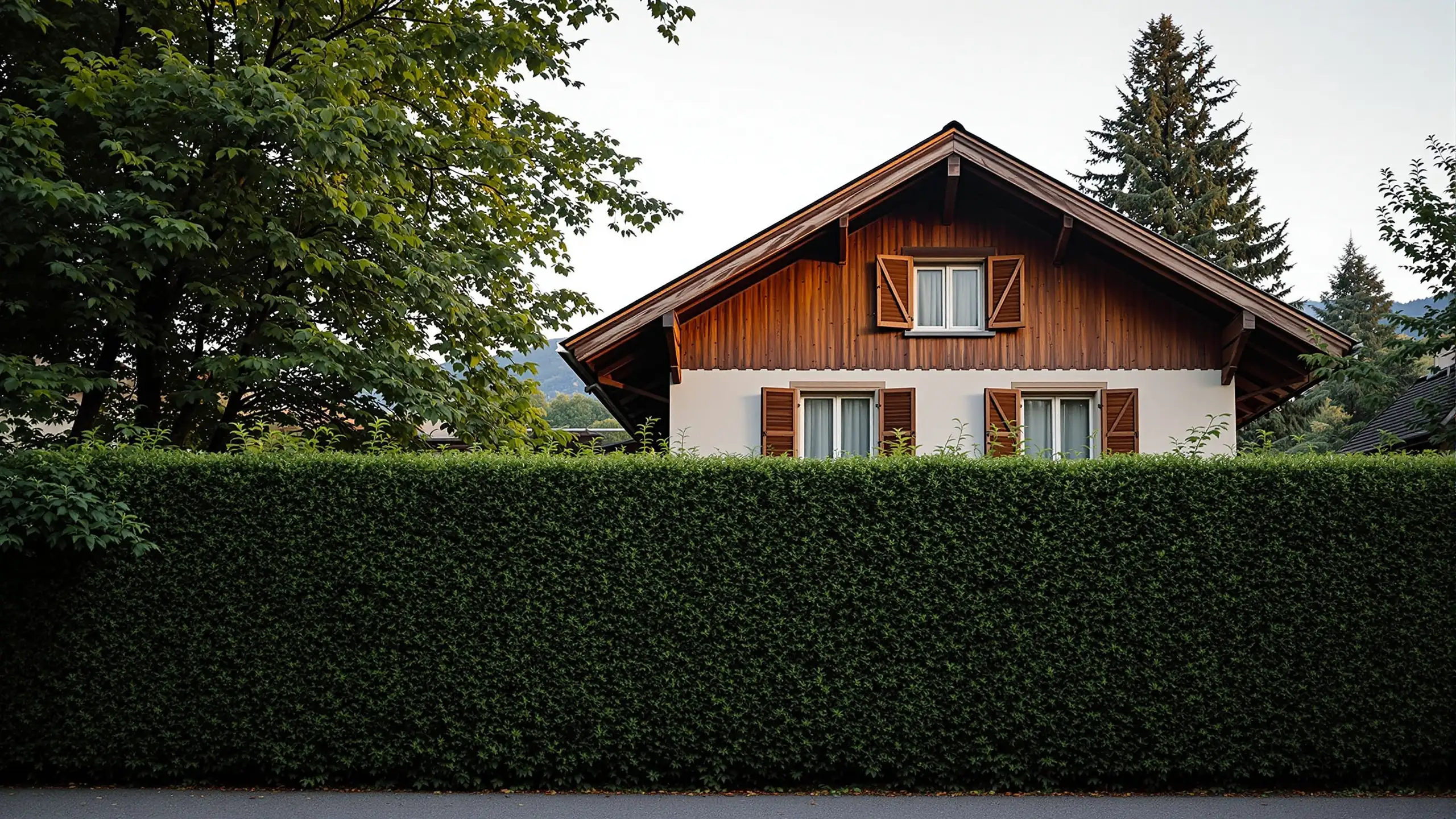 Obergeschosse eines Einfamilienhauses mit Holzläden hinter einer hohen Gartenhecke, weiches Abendlicht