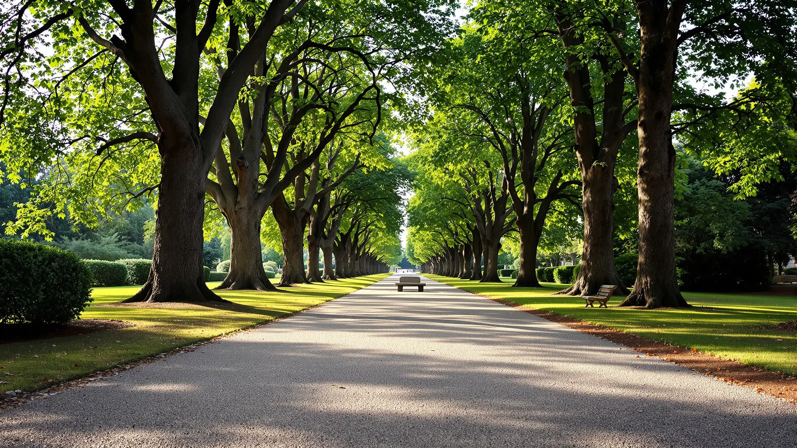 Kiesweg durch einen alten Park mit hohen Bäumen und einer einzelnen Steinbank, stilles Nachmittagslicht