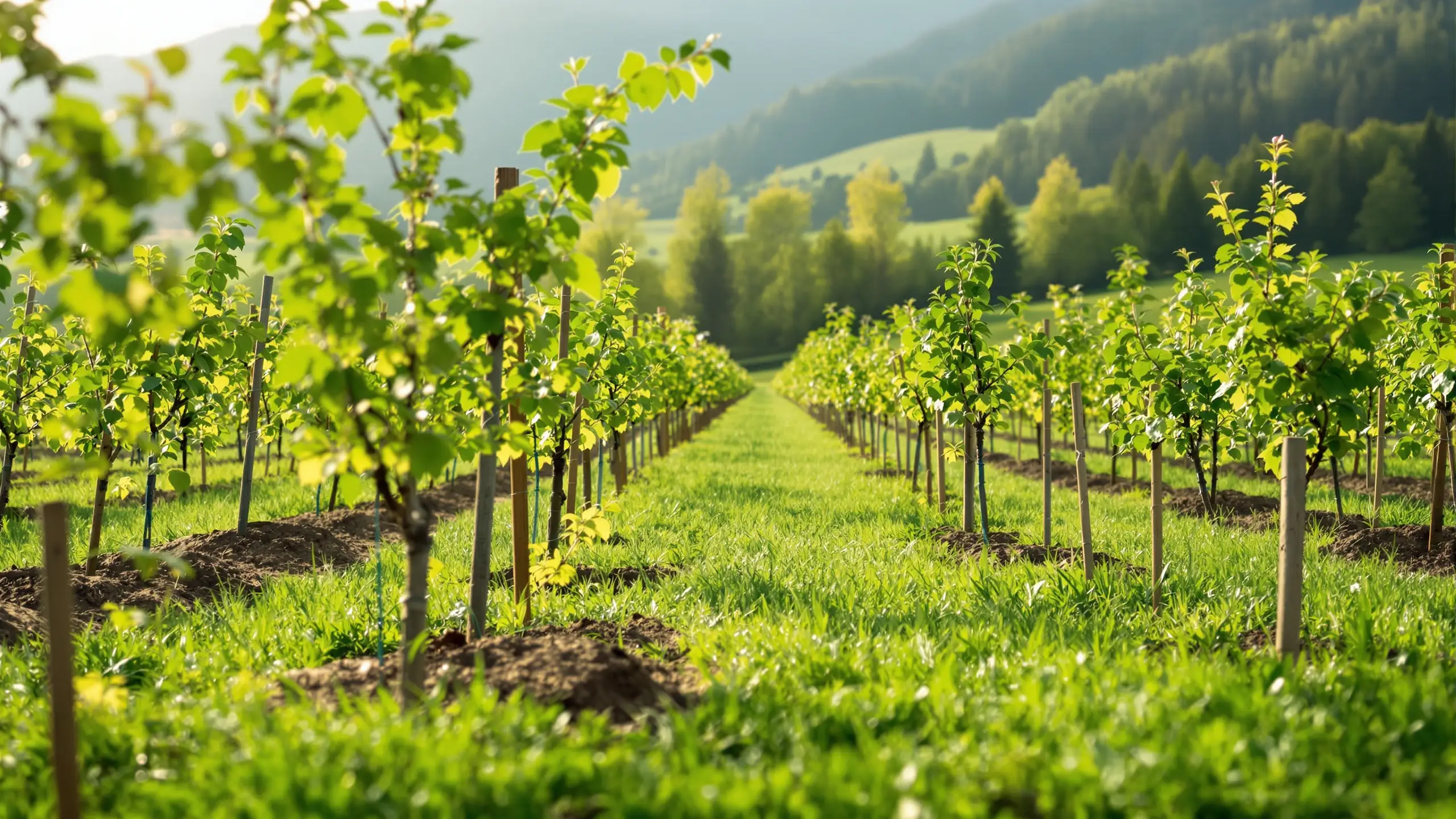 Junger Obstgarten in Reihen auf einer Wiese, frisch gepflanzte Bäume mit Stützpfählen, Frühlingslicht