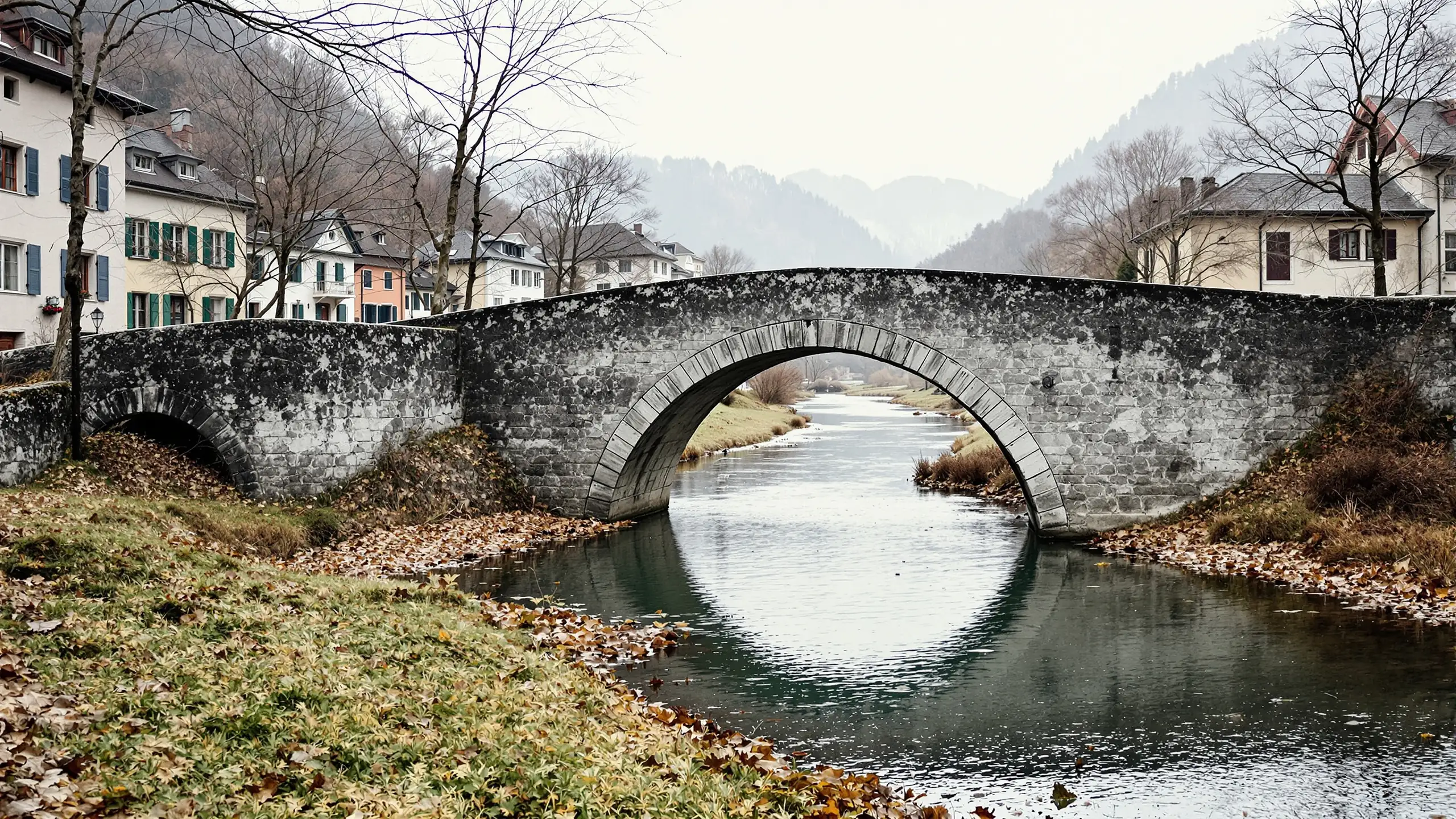 Alte Steinbrücke mit Zollhäuschen über einen schmalen Fluss, niemand unterwegs, flaches Licht