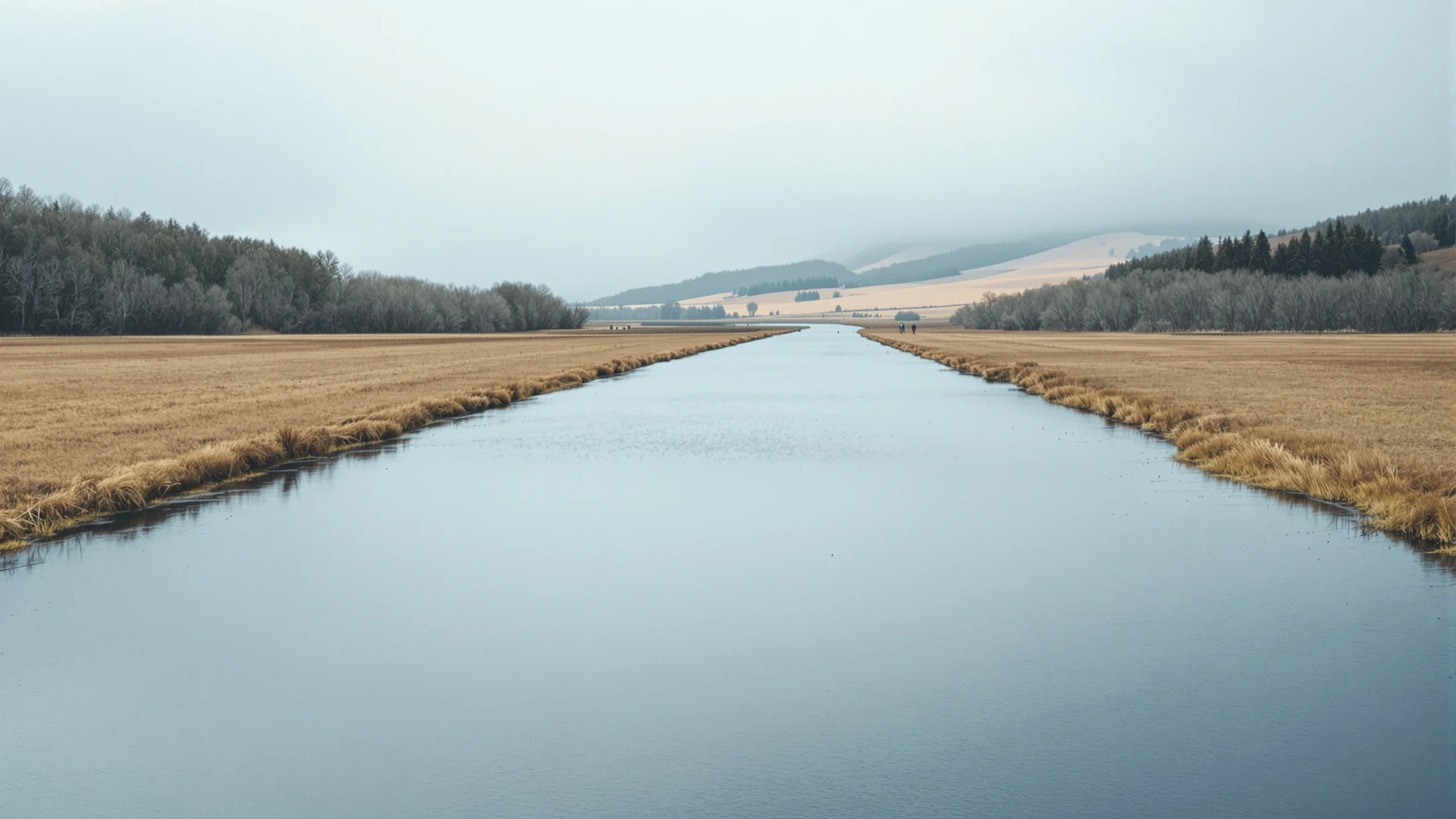 Breiter ruhiger Fluss zieht durch offenes Grasland auf niedrige Hügel zu, gleichmässiges Licht unter hohem Himmel
