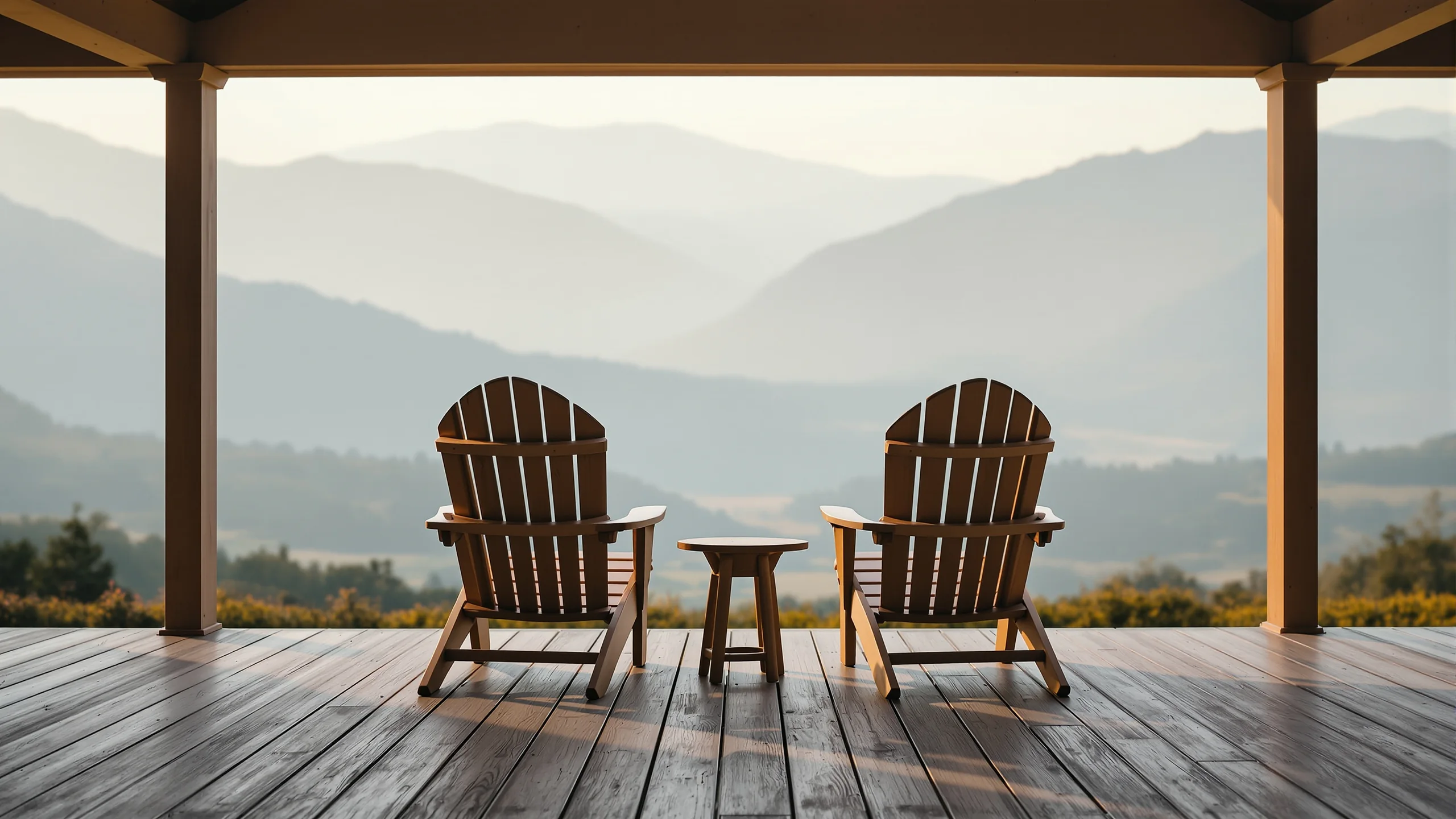 Zwei leere Stühle auf einer Veranda mit Blick über ein weites Tal im Abendlicht