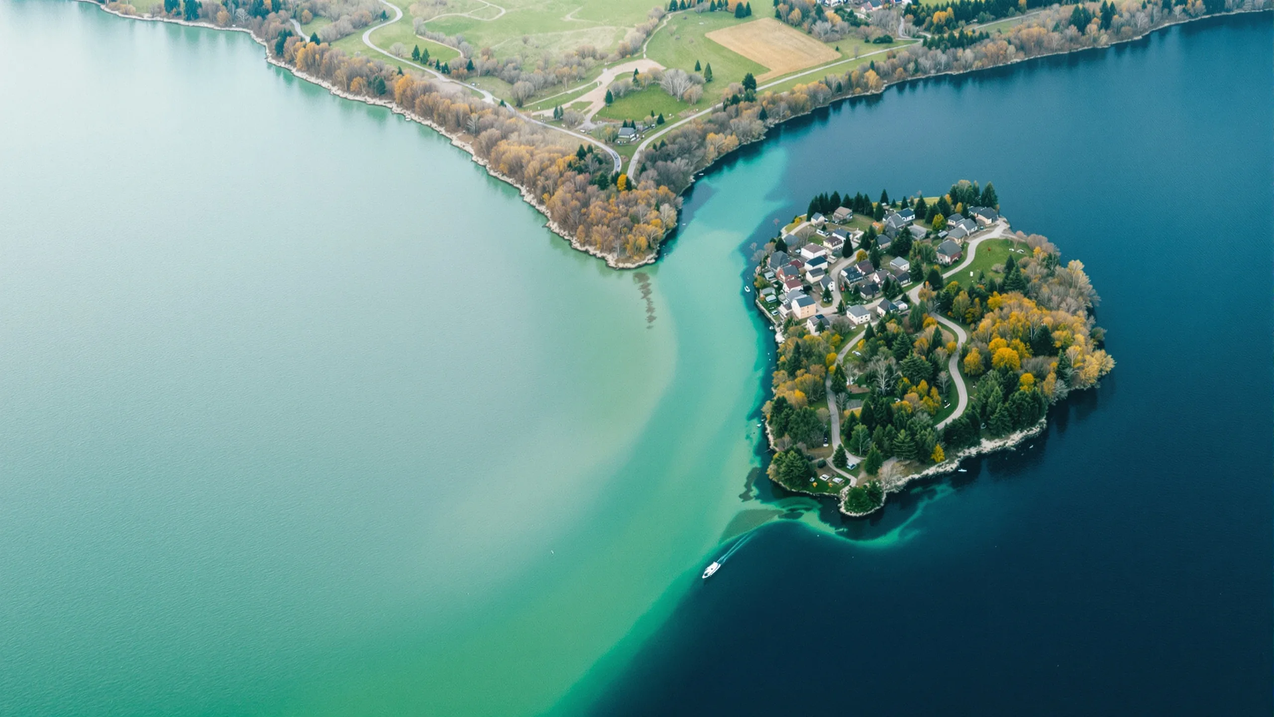 Zwei Flüsse mit unterschiedlich gefärbtem Wasser fliessen an einer Landzunge zusammen, von oben gesehen