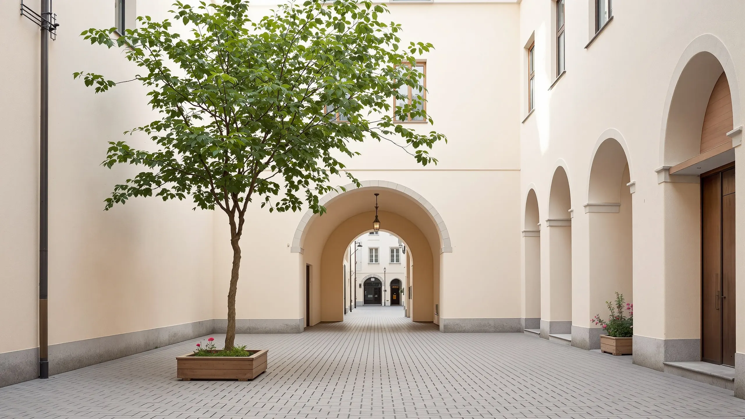 Gepflasterter Innenhof eines Stadthauses mit einem Baum und einem Torbogen zur Strasse