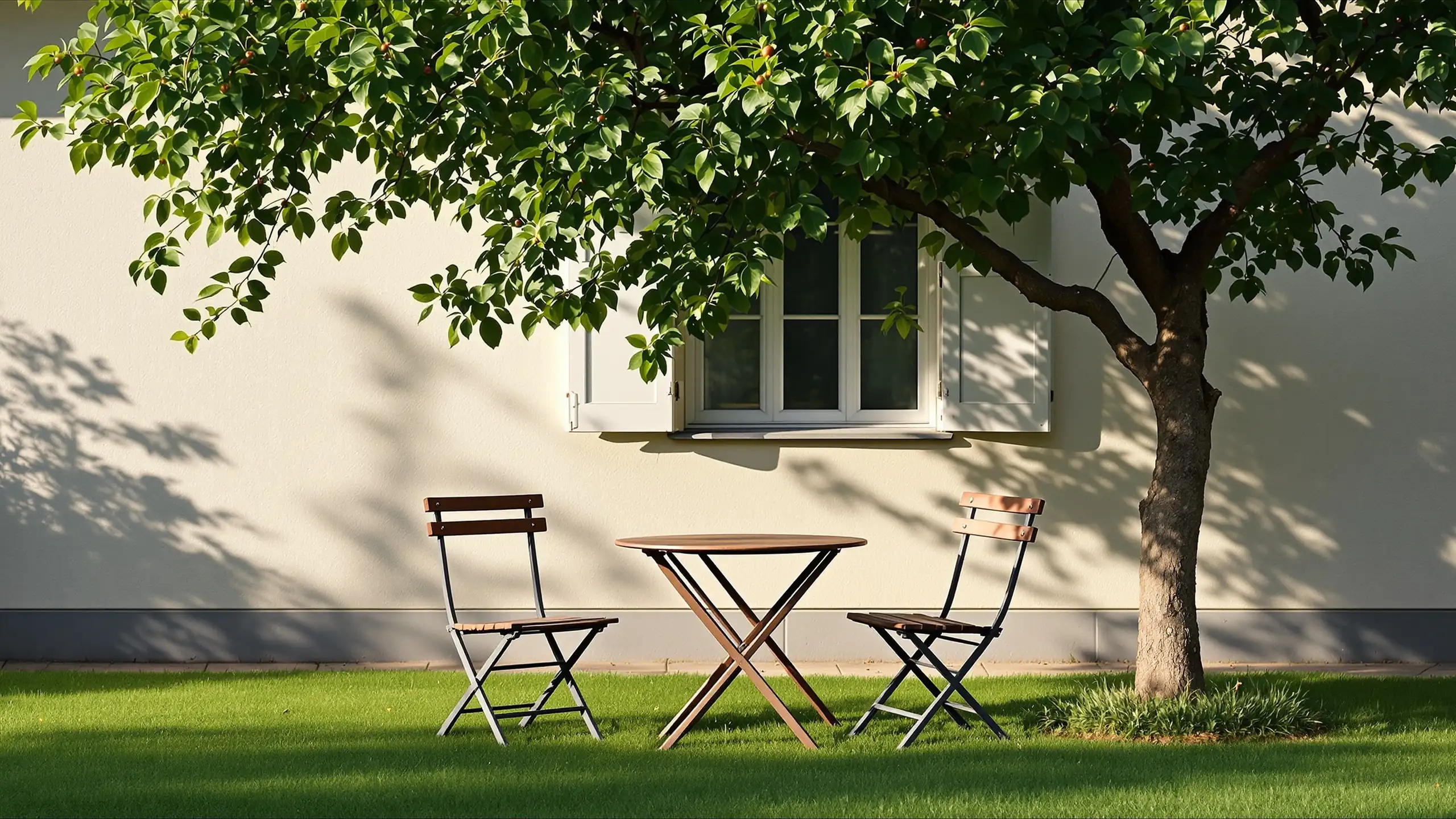 A garden table with two folding chairs on the lawn beside a rendered house, under a mature tree in soft daylight