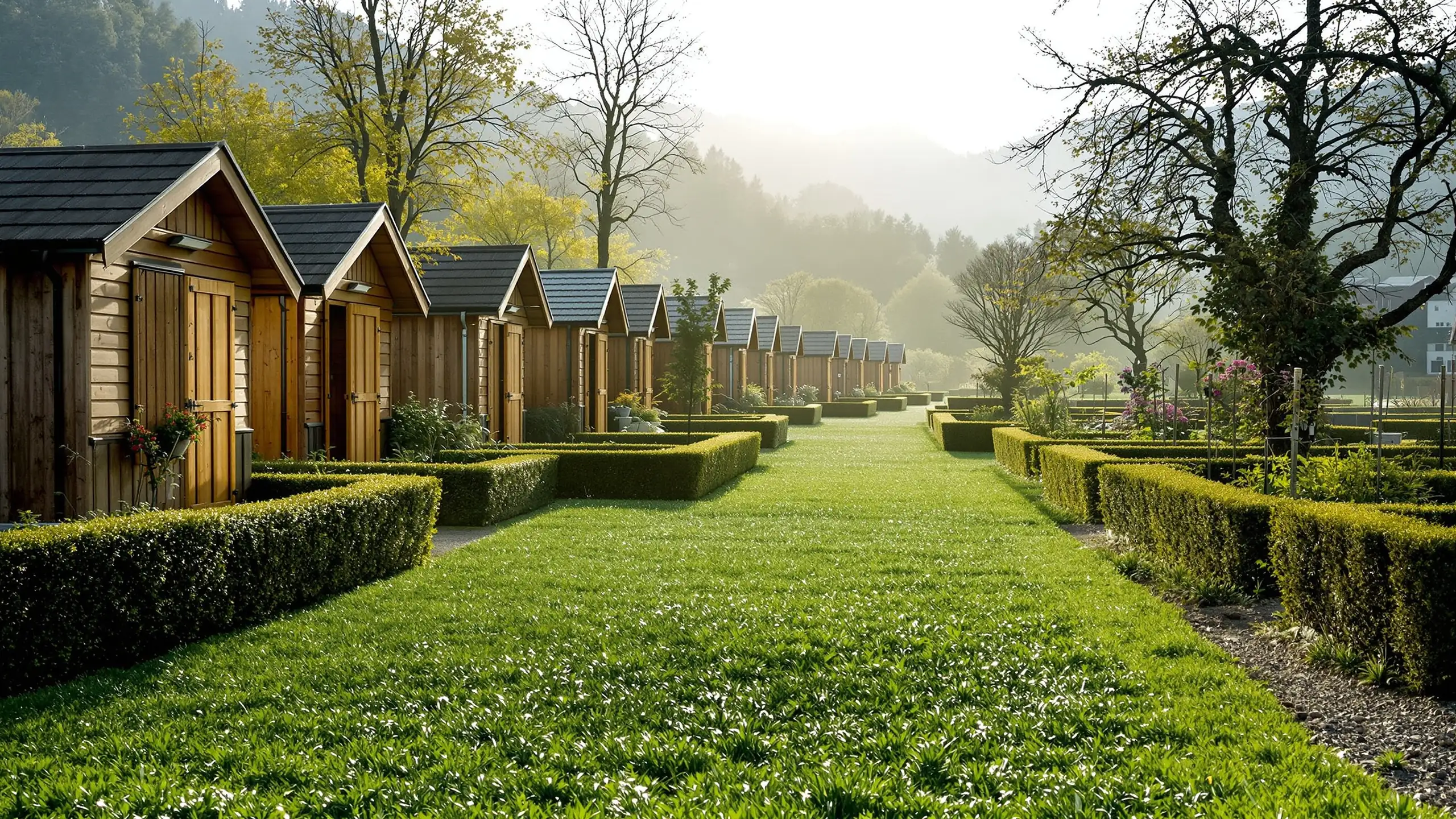 A row of small allotment huts on the edge of a town in early morning light