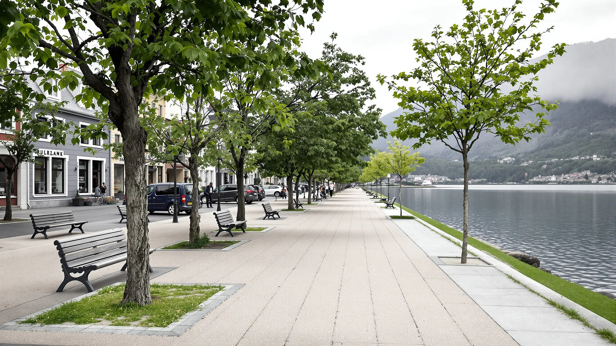 A lakeside promenade of a Swiss town on a grey afternoon, plane trees and empty wooden benches along calm water