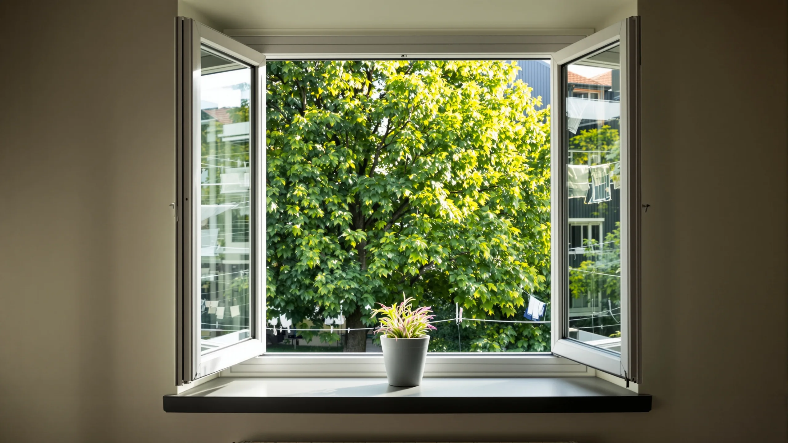 An apartment window standing open onto a green inner courtyard, a potted plant on the sill and washing lines below