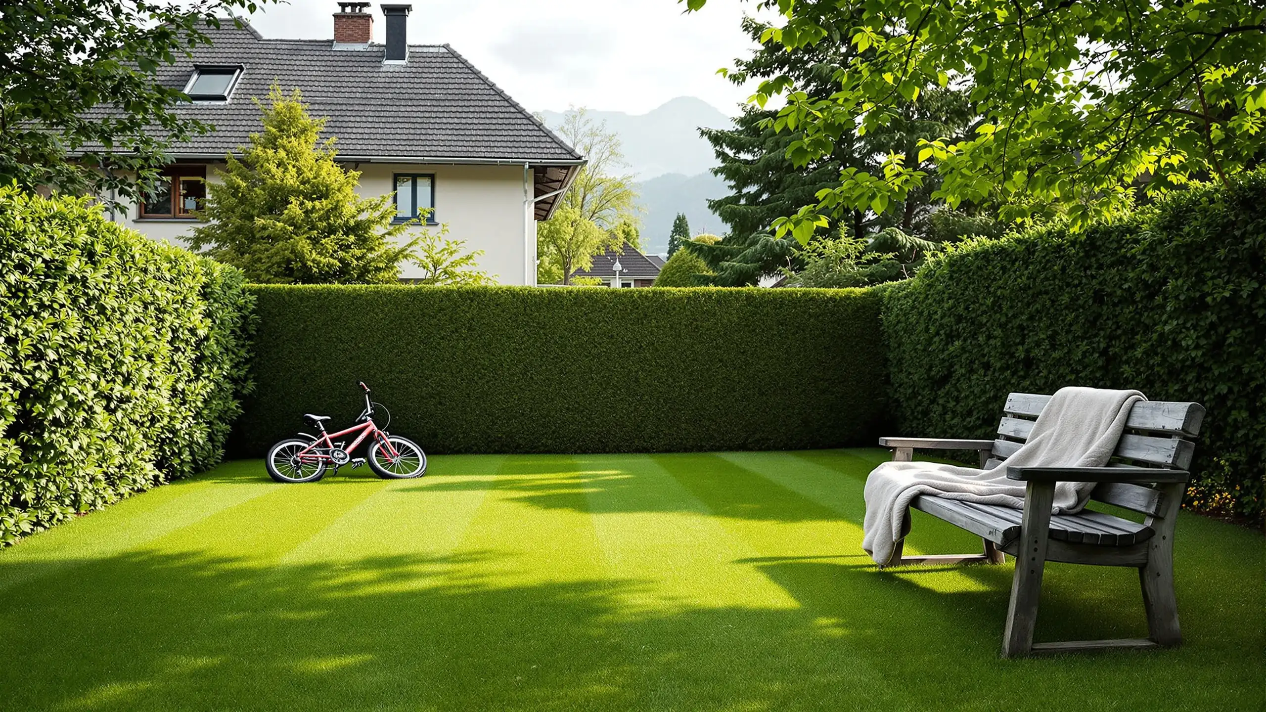 A small garden behind a Swiss house, a child's bicycle on the grass and a blanket over a weathered wooden bench