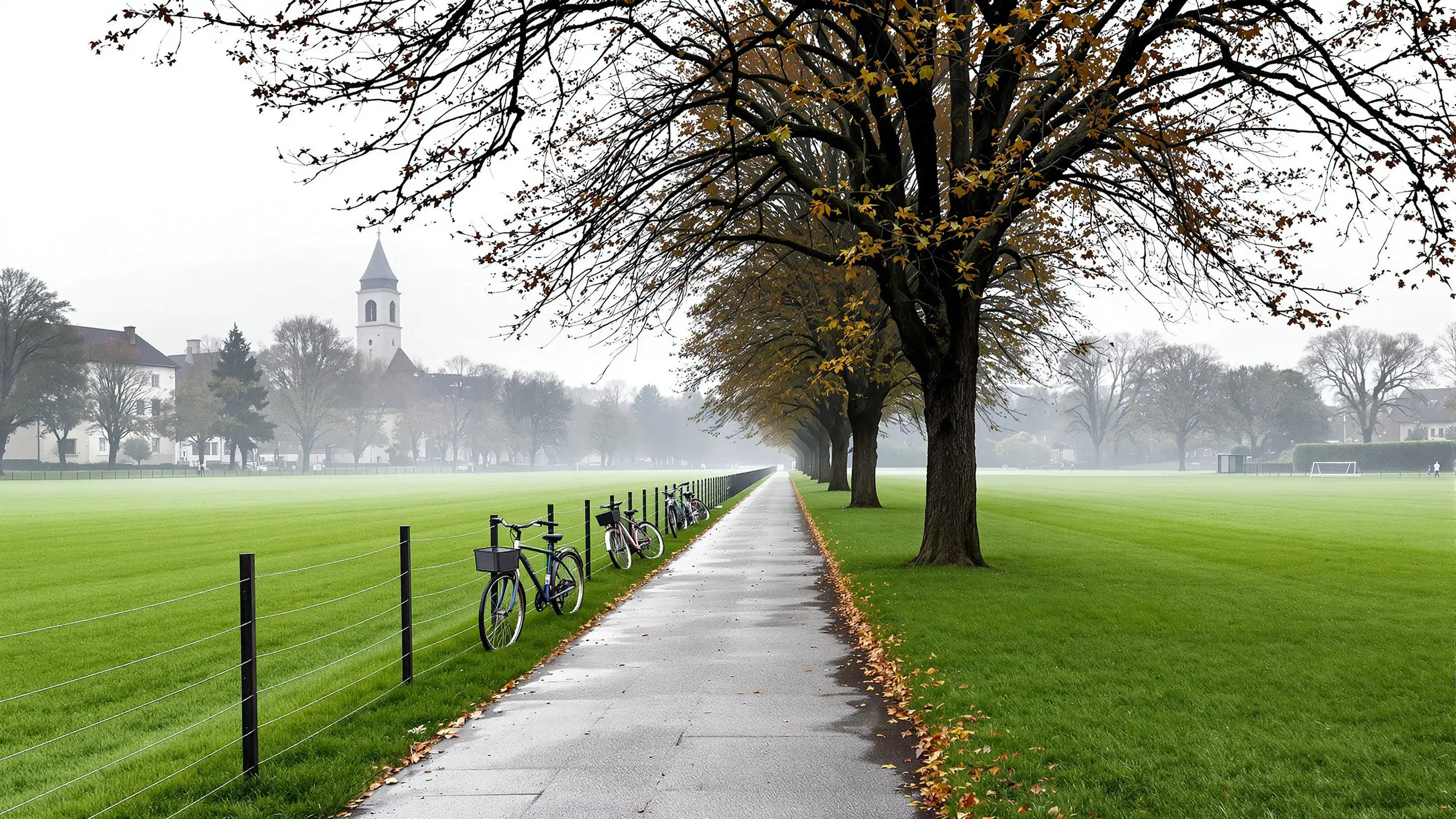 A tree-lined footpath along a mown sports meadow at the edge of a Swiss town, bicycles leaning against a low fence