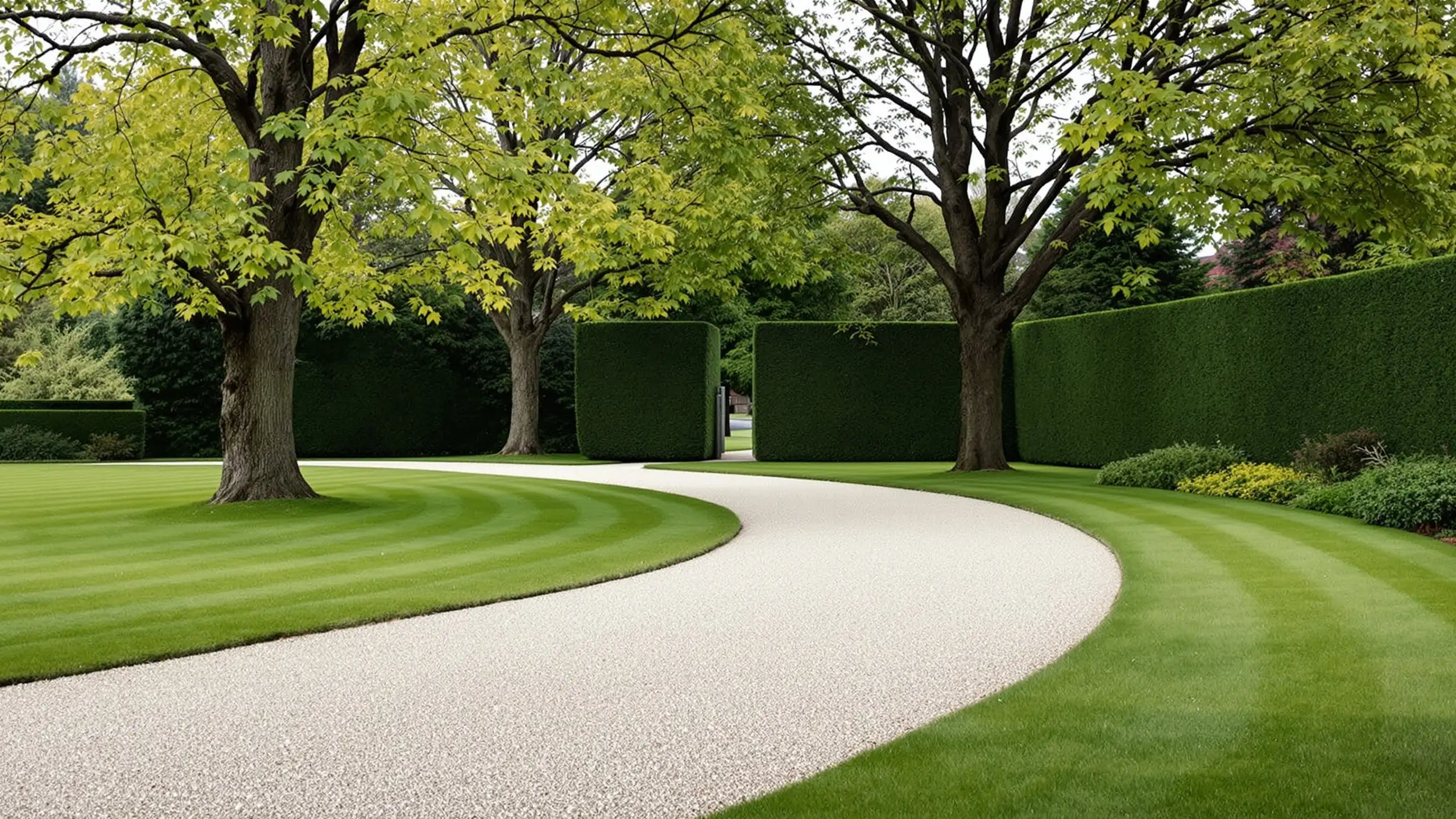 A gravel path curving between mature beech trees and a long clipped hedge in a large private garden