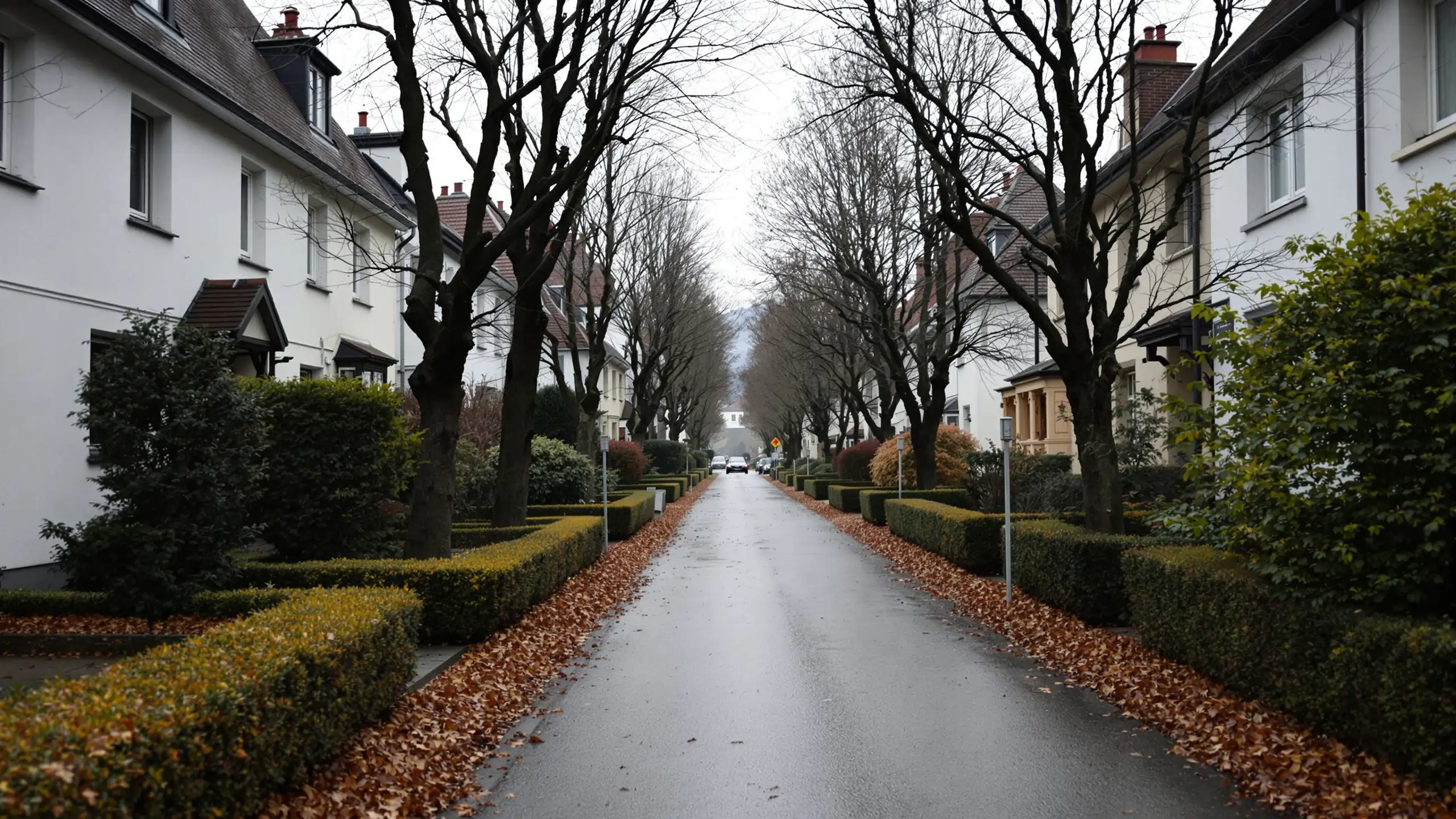 A quiet residential lane in late autumn, clipped hedges over low walls and deep leaf litter on the pavement