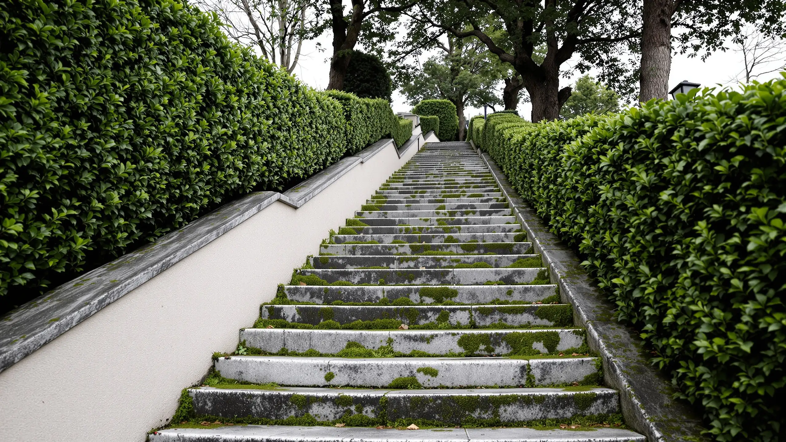 A steep flight of worn stone steps climbing between tall clipped hedges and a low rendered wall in a Swiss hillside quarter, moss between the treads