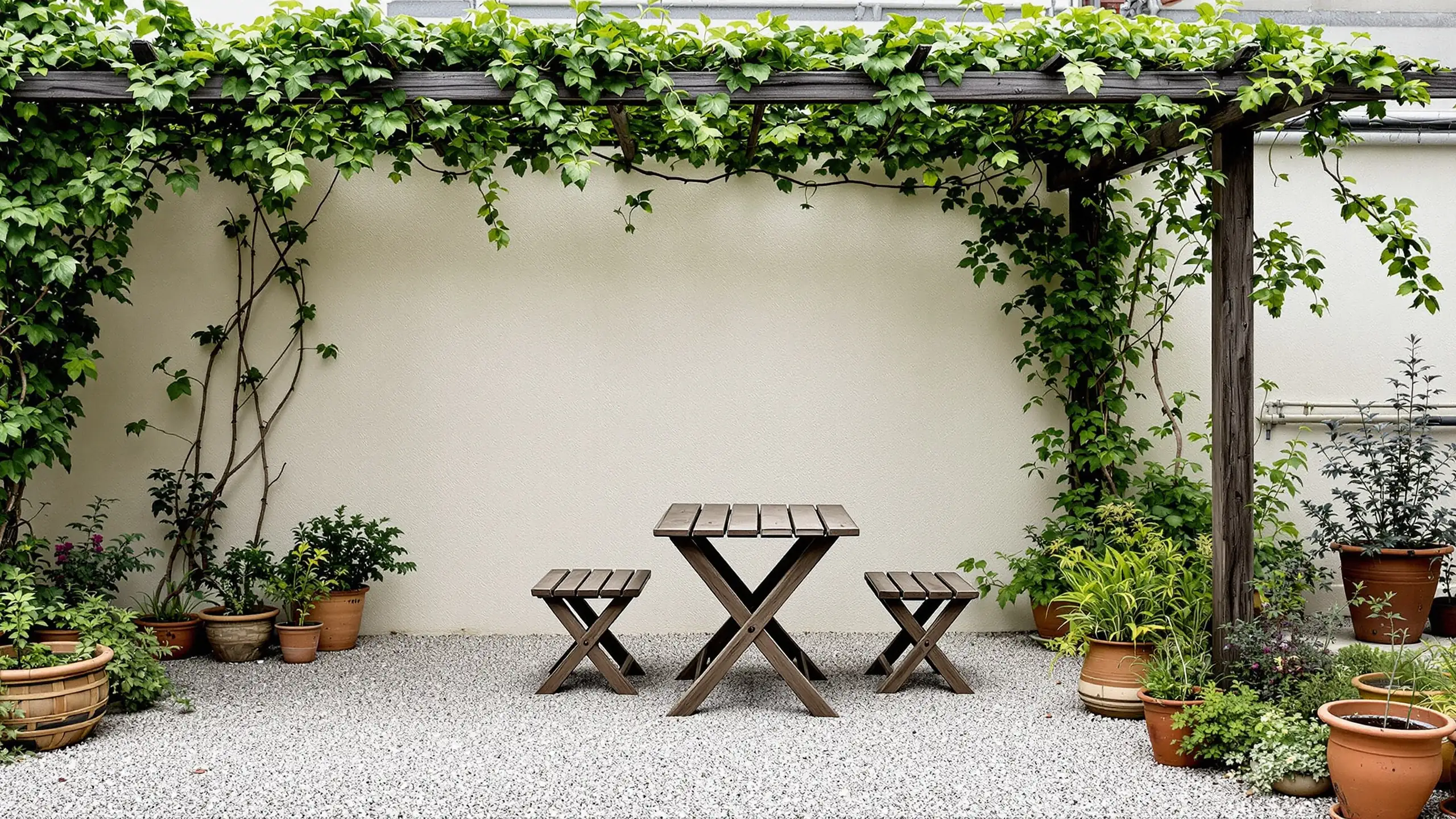 A grown vine pergola over a gravel terrace in a walled garden, a weathered table and two chairs beneath it
