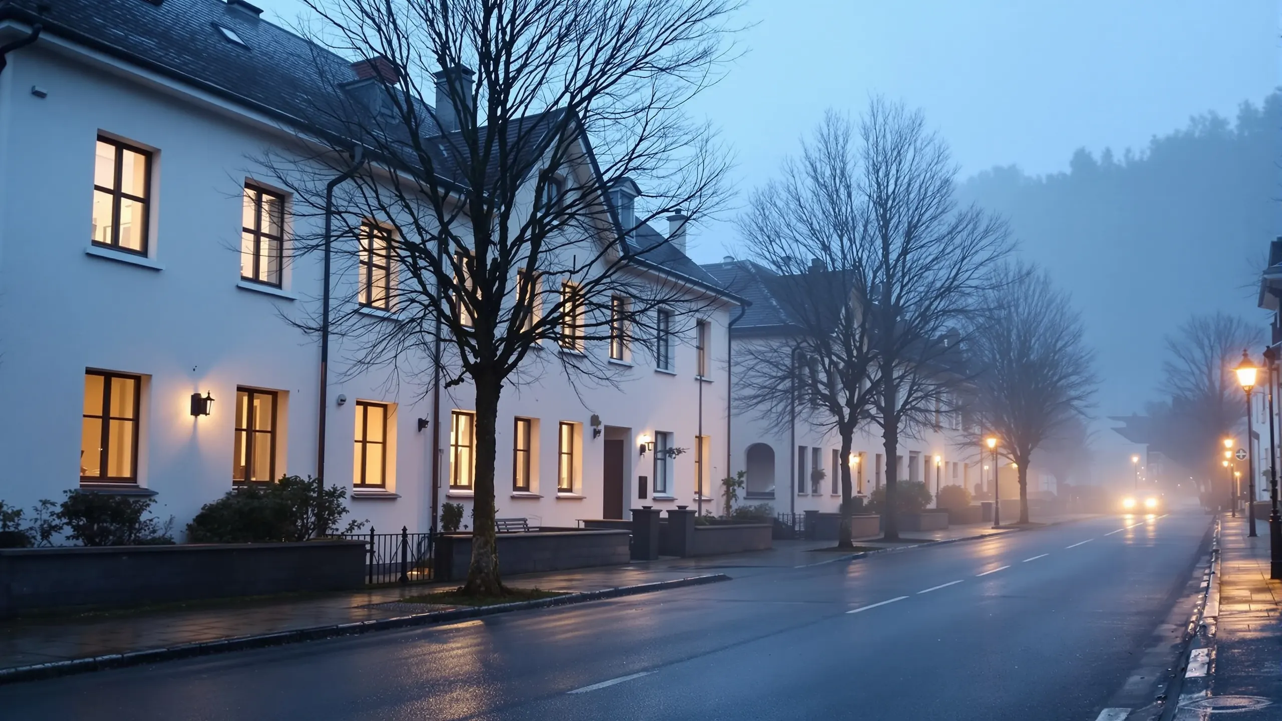 Early morning mist along a quiet residential street, lit upper windows in pale facades and wet paving