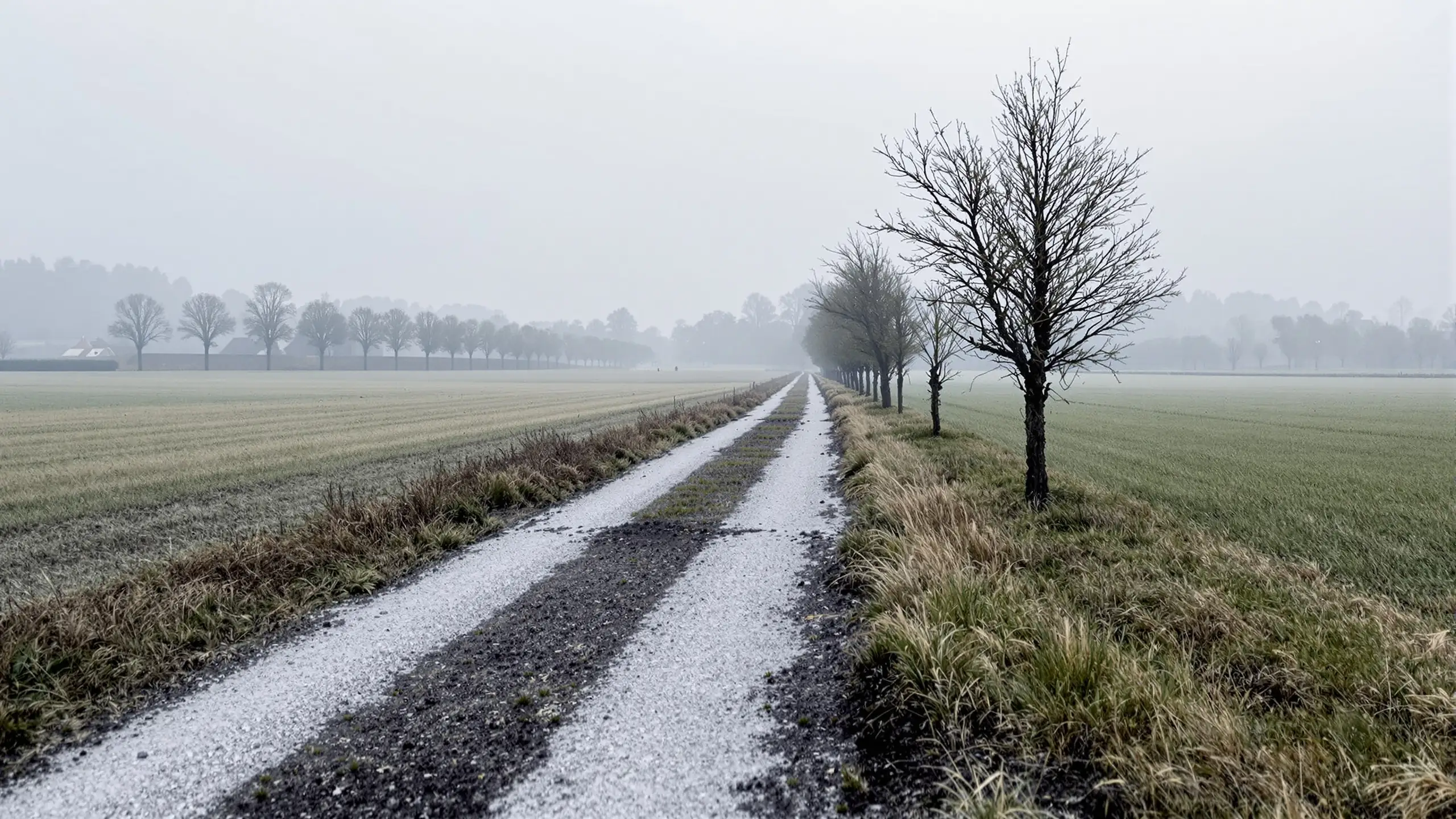 A gravel field track between mown meadows on the Swiss plateau, pollarded willows along a drainage ditch