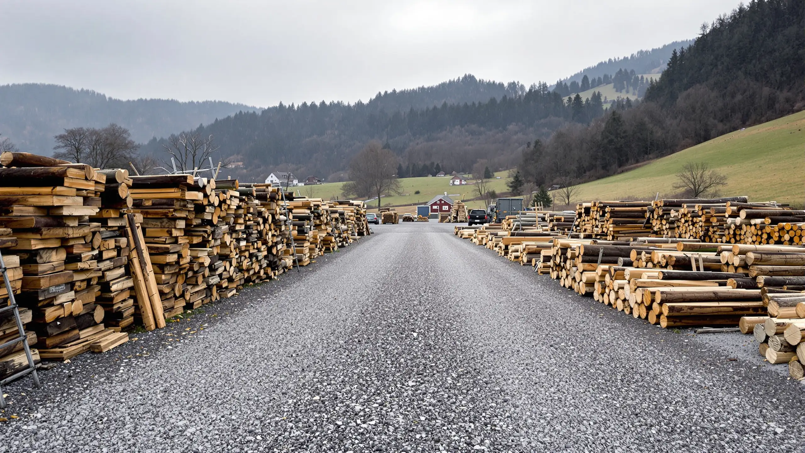 Sawn timber and split logs stacked in long open rows on a gravel yard at the edge of a Swiss village, wooded slopes and meadows behind
