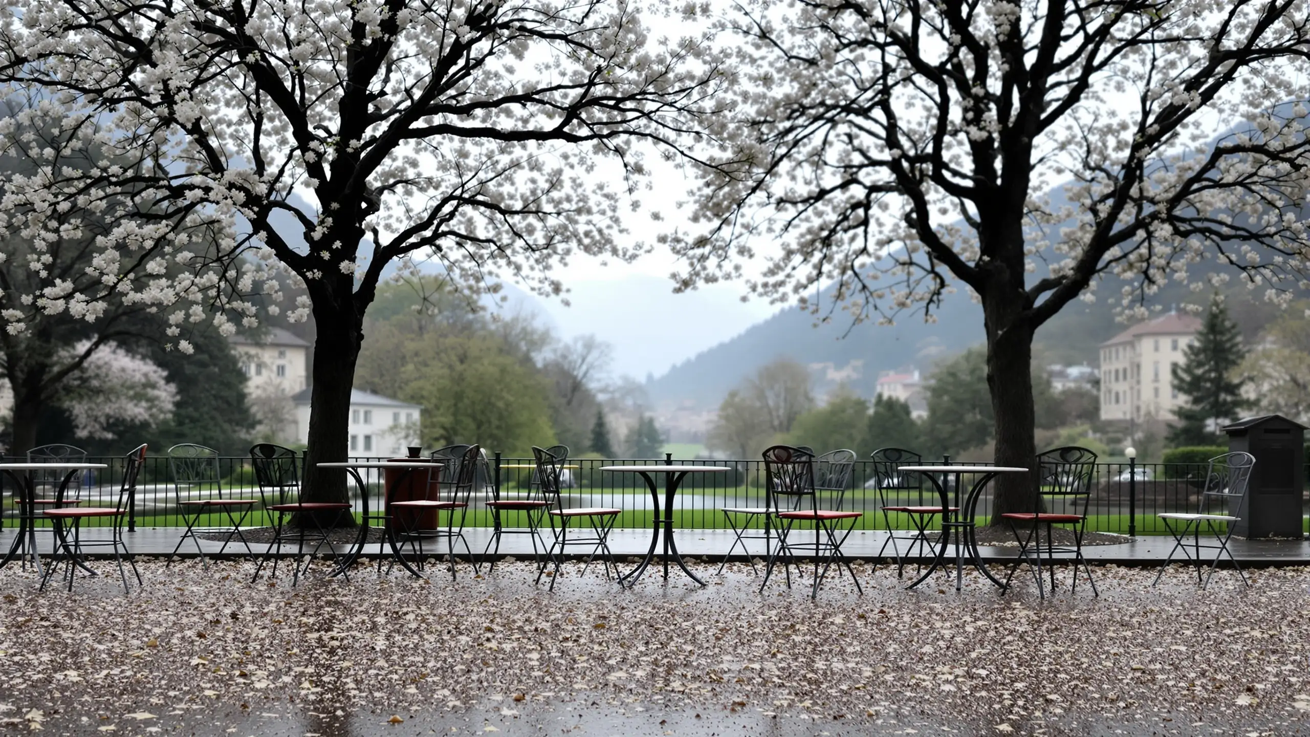 Leere Cafétische und Stühle auf nassem Kies unter blühenden Bäumen nach dem Regen, gefallene Blüten am Boden, weiches graues Licht