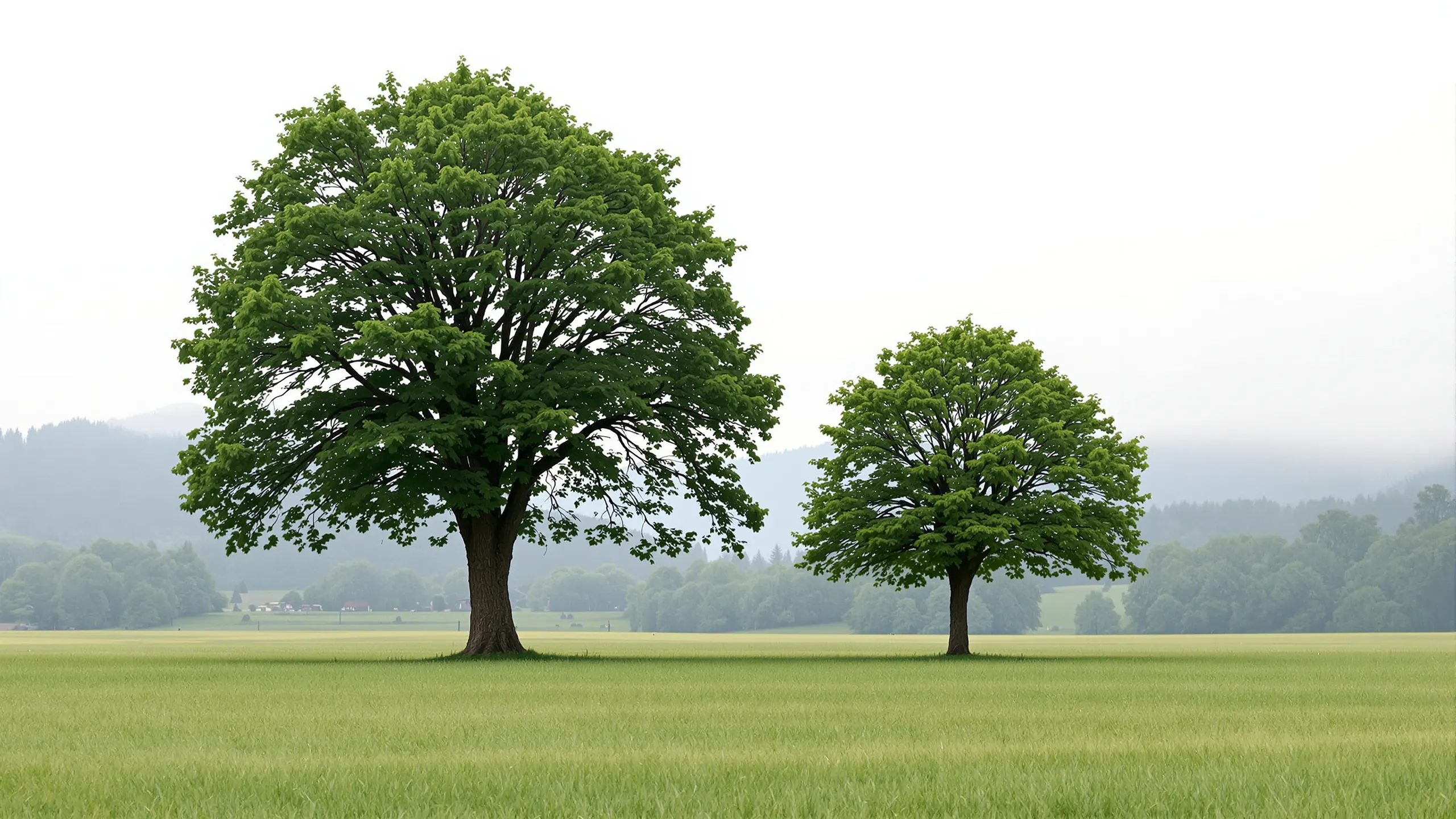 Zwei ungleich grosse Laubbäume stehen mit Abstand in einer offenen Sommerwiese, bewaldete Hügel im Dunst dahinter, flaches bedecktes Licht