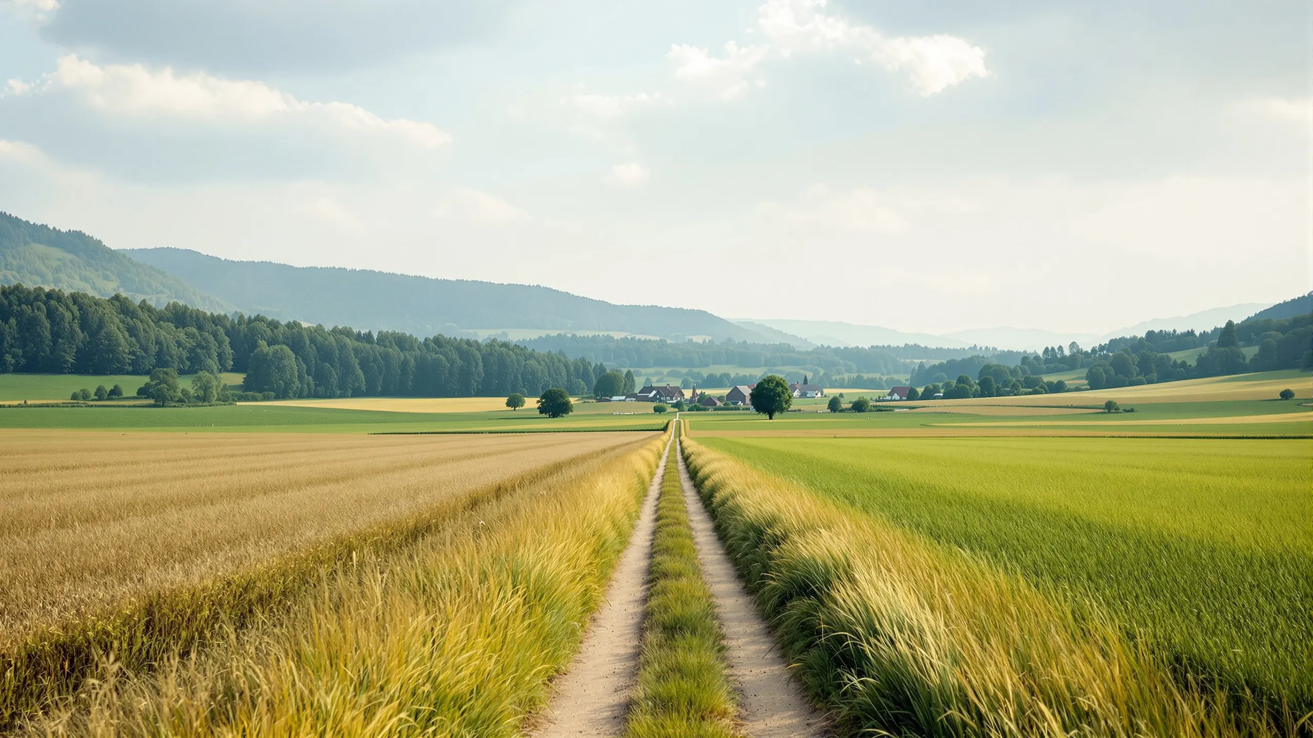 Schmaler Feldweg zwischen Getreidefeldern führt auf einen fernen Weiler zu, bewaldete Hügel unter hohem Sommerhimmel