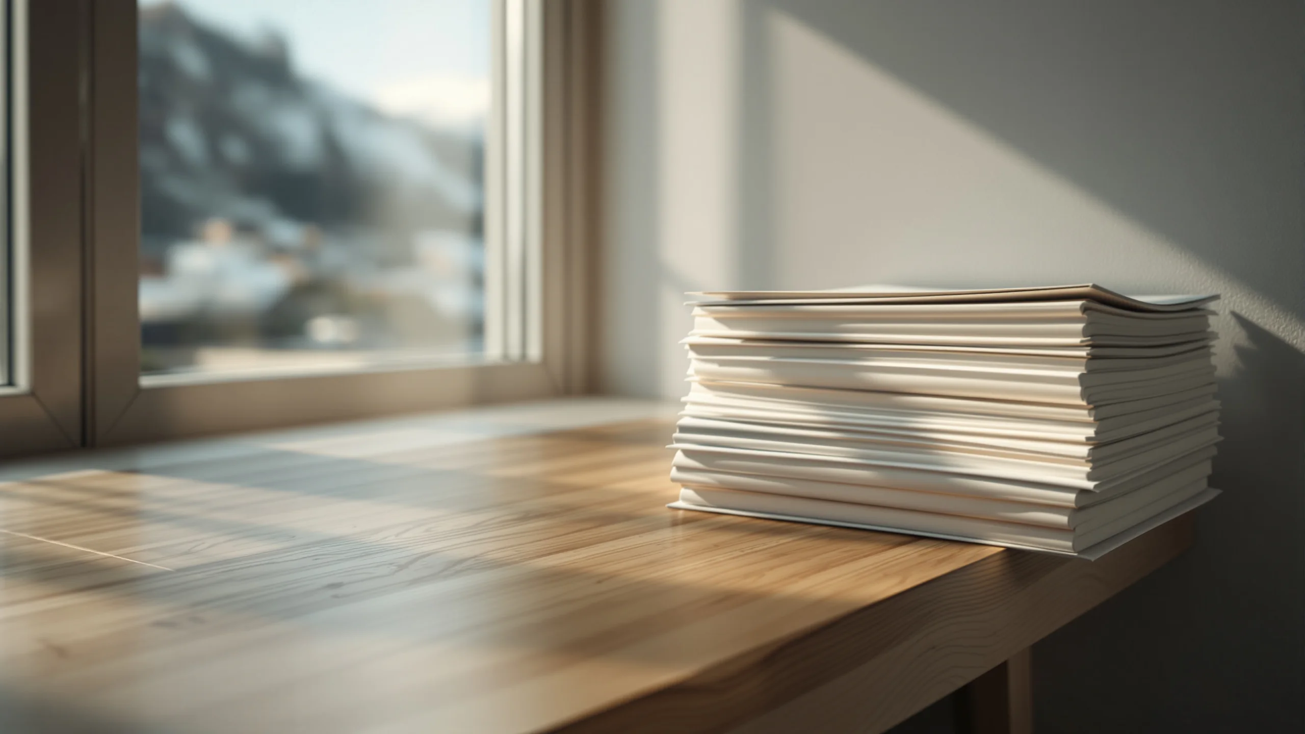 Stapel unbeschrifteter Mappen auf der Ecke eines Schreibtischs im Morgenlicht