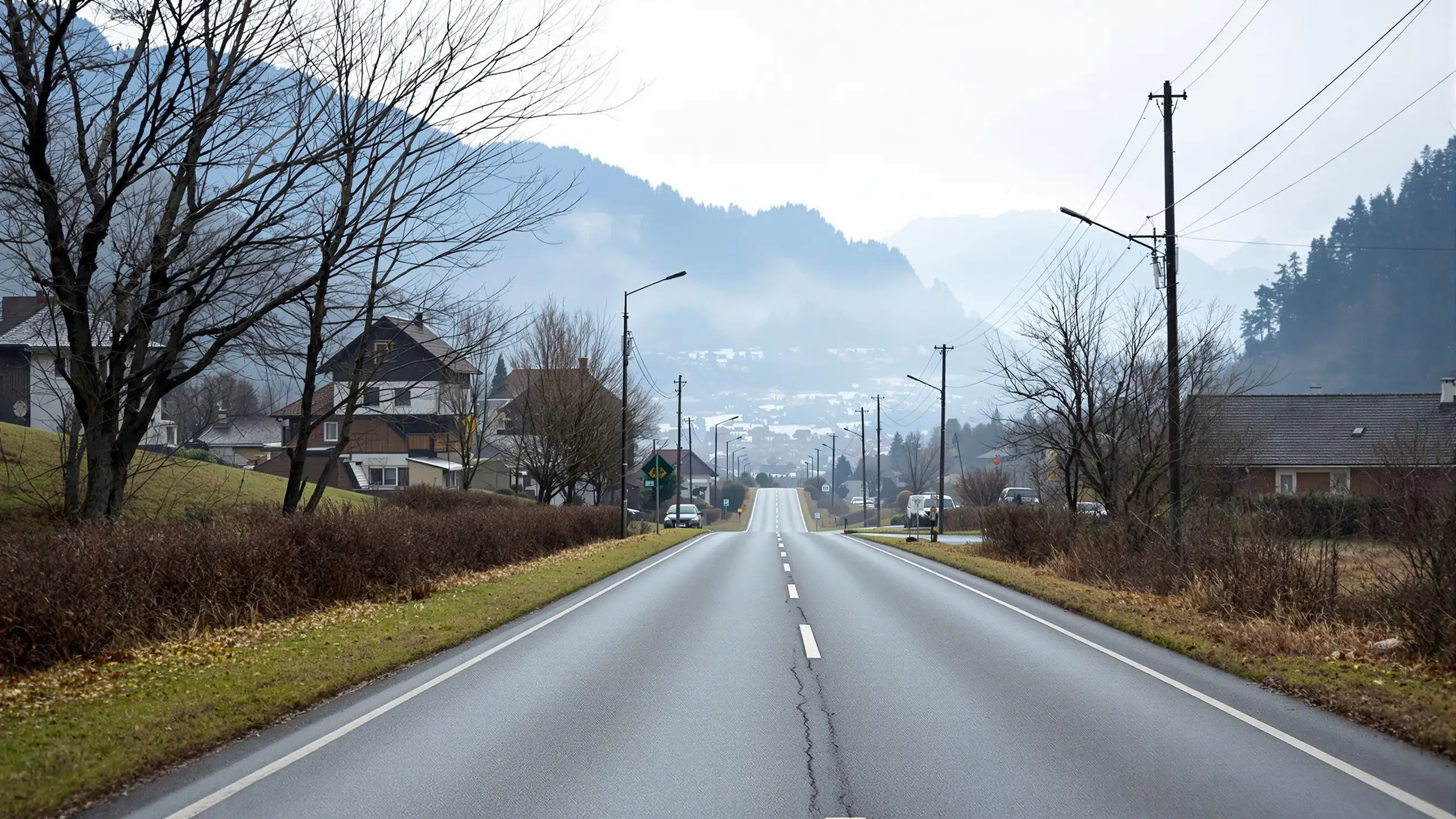 Ruhige Straße am Ortsrand im Morgennebel, hinunter Richtung Tal