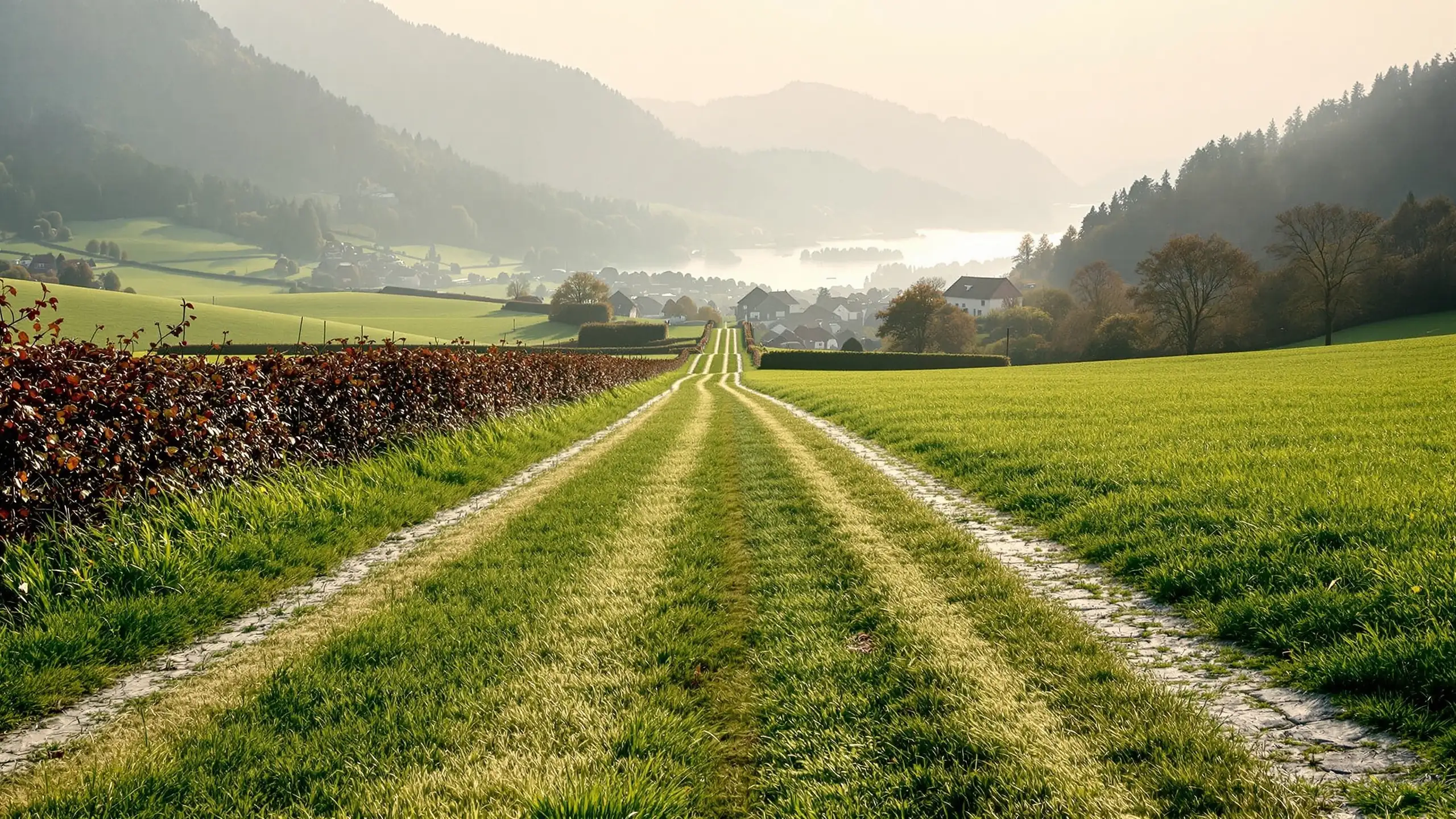 Grasweg, der sich über einer Wiese oberhalb eines Dorfes in zwei Spuren teilt