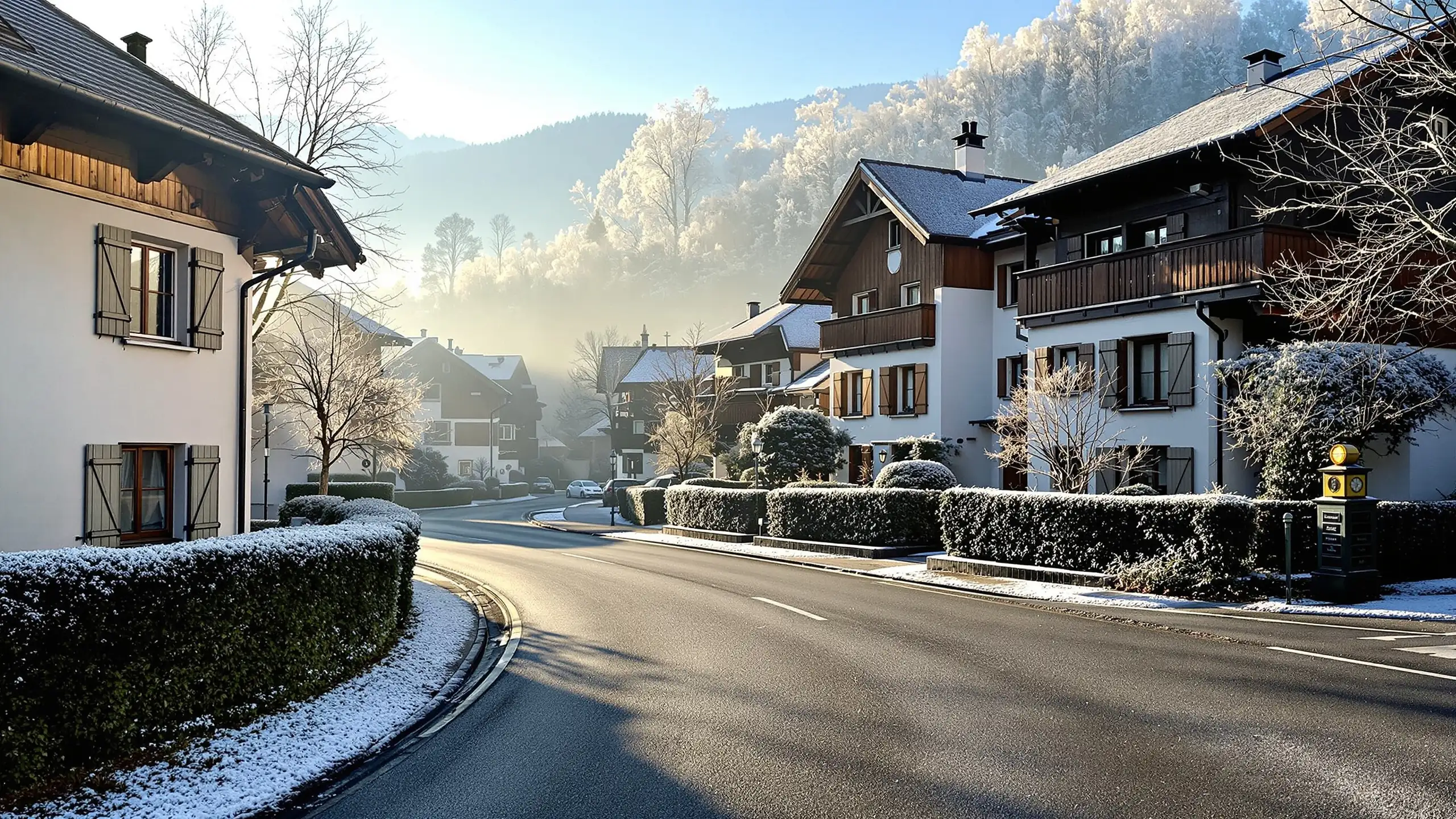 Verschneite Dorfstrasse im ersten Morgenlicht, Häuser mit tiefen Dachvorsprüngen