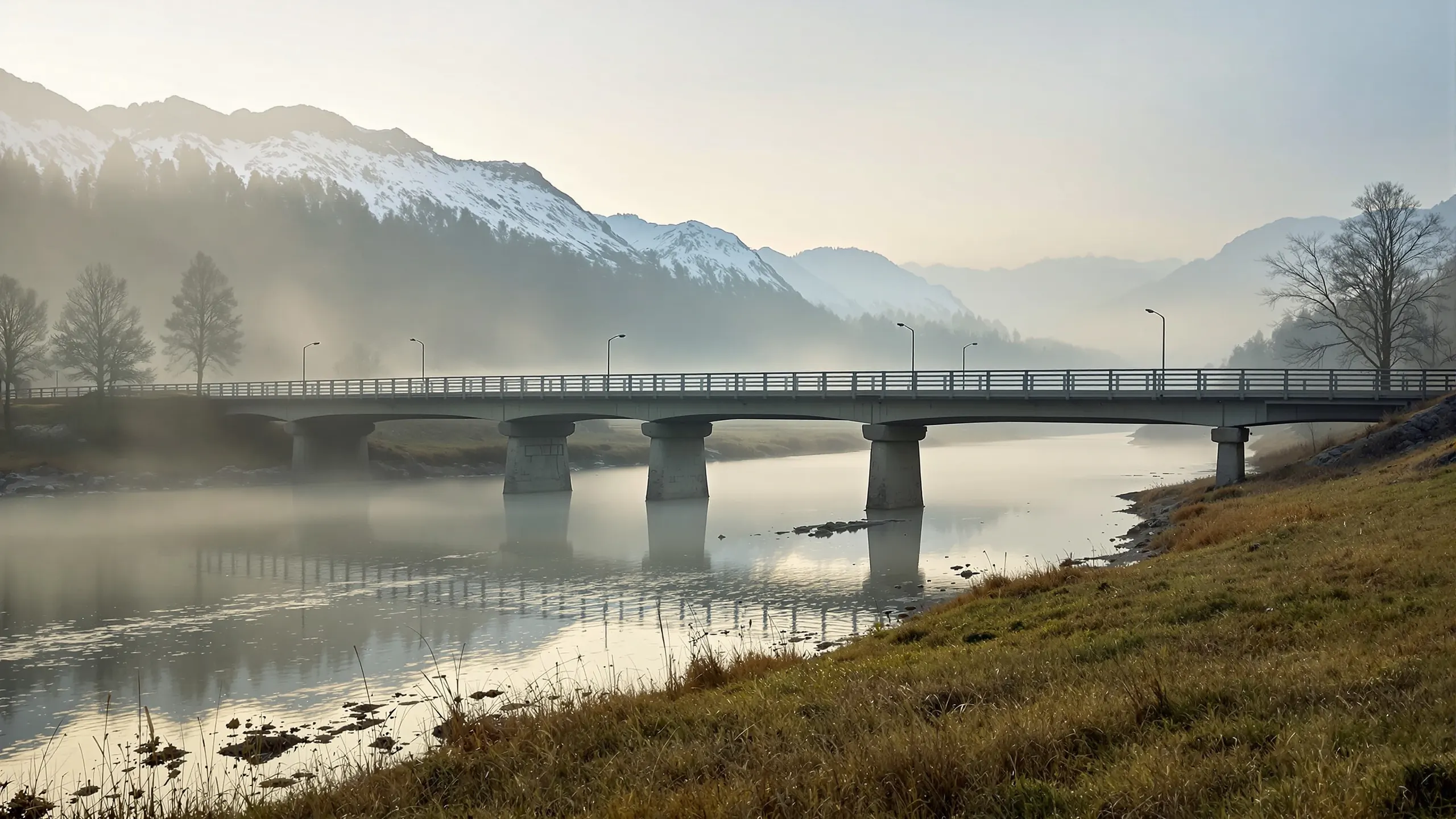 Leere Straßenbrücke über einen breiten Fluss im Morgennebel
