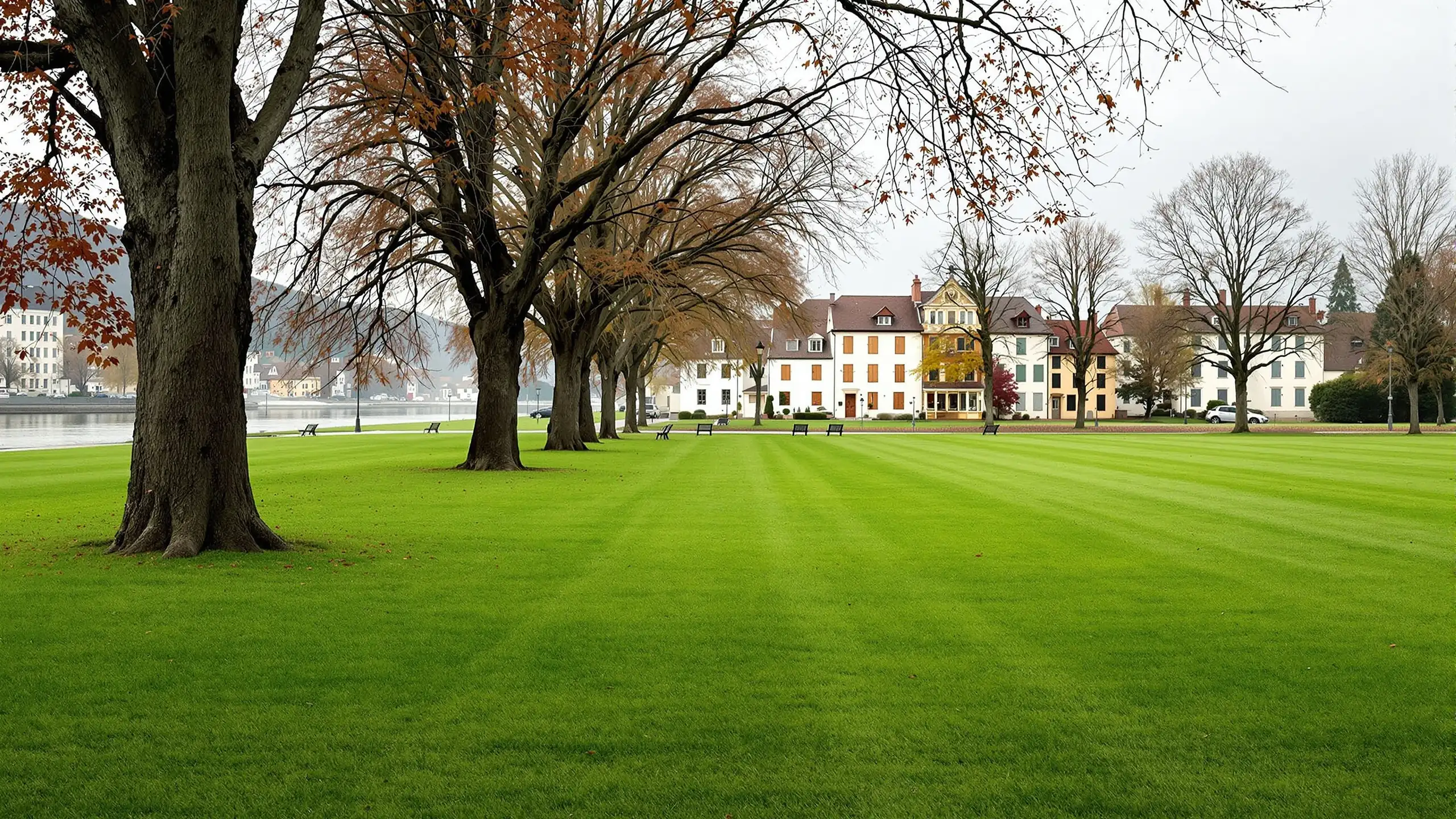 A riverside park at the edge of a Swiss town in flat morning light, plane trees and empty benches facing the water