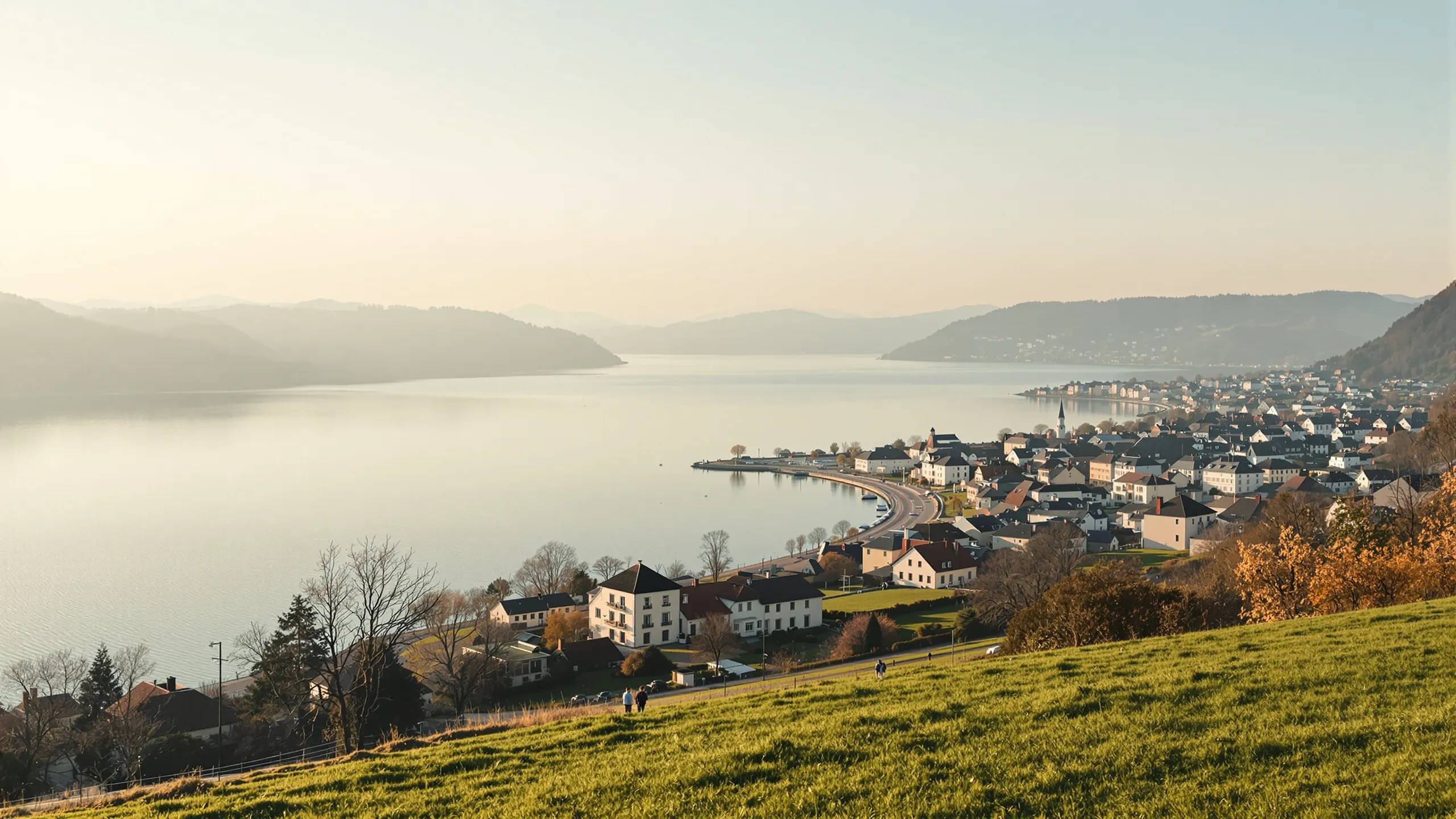 Blick von einem Wiesenhang über eine Schweizer Seestadt im Abendlicht