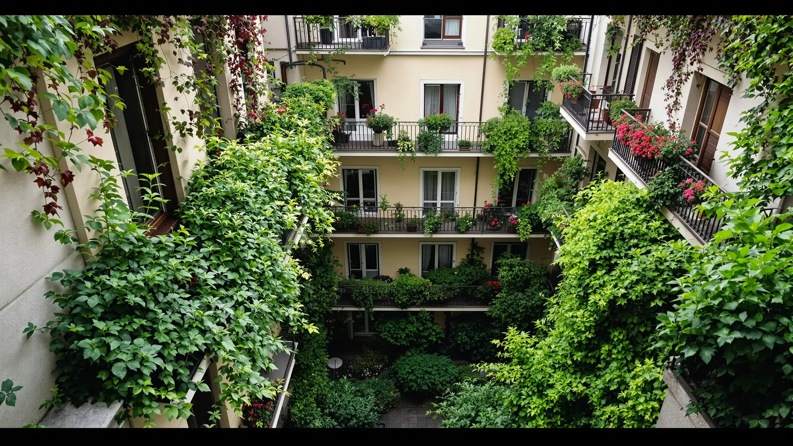 A view from a high balcony onto planted balconies and a green inner courtyard