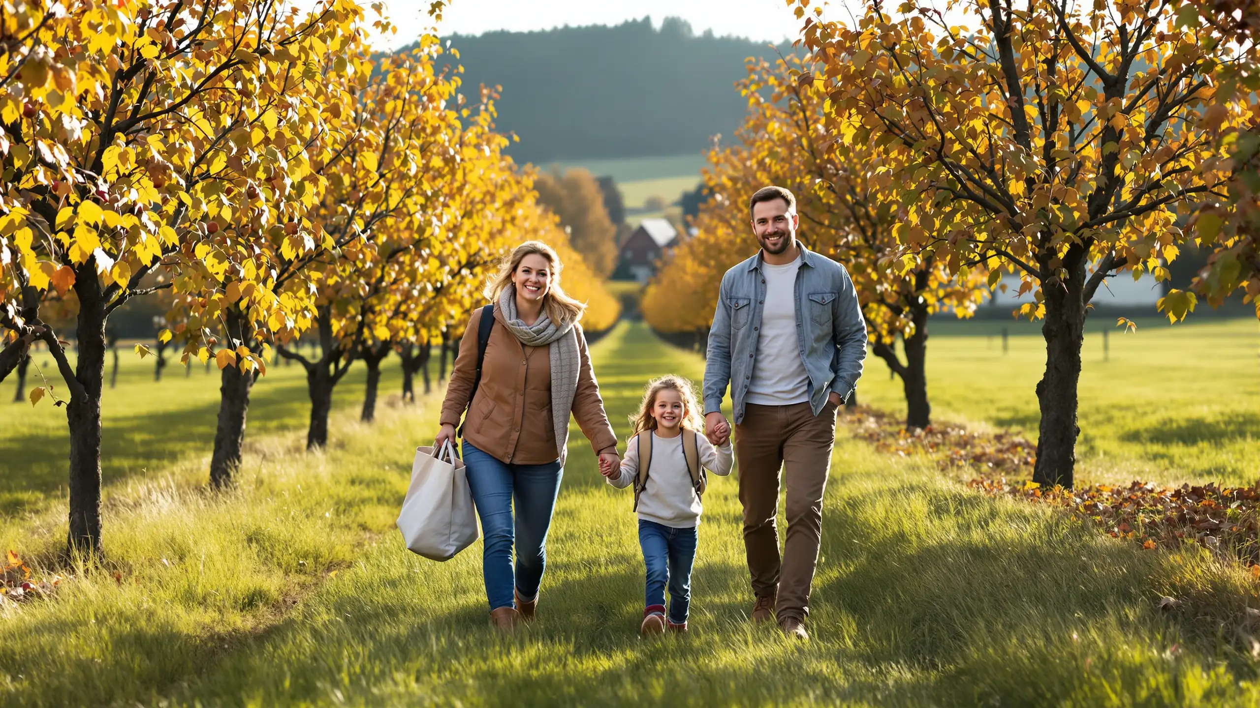Familie mit Kind auf einem Wiesenweg durch einen herbstlichen Obstgarten am Rand eines Dorfes