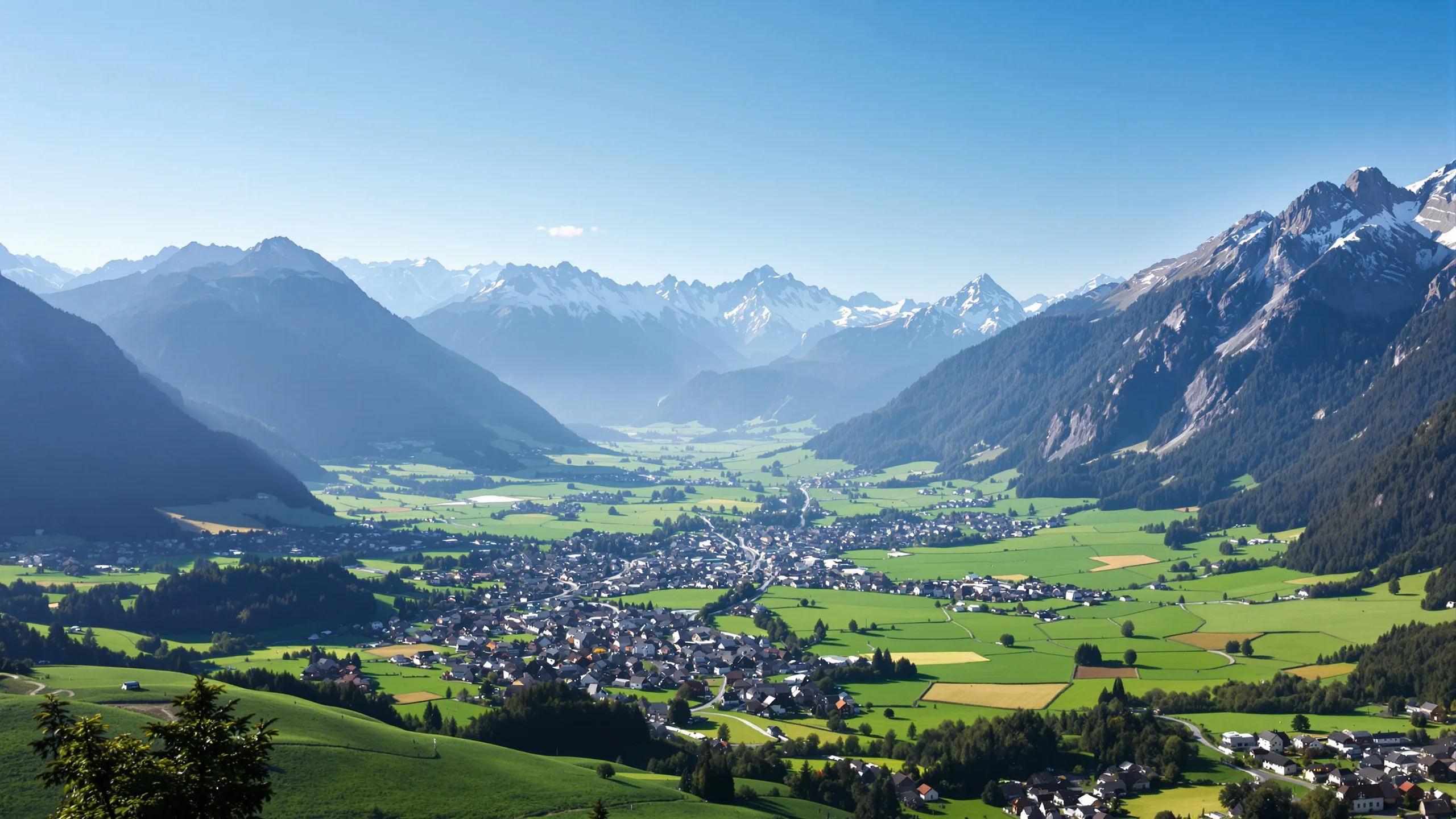 Blick über ein weites Schweizer Tal mit mehreren Dörfern auf verschiedenen Höhen