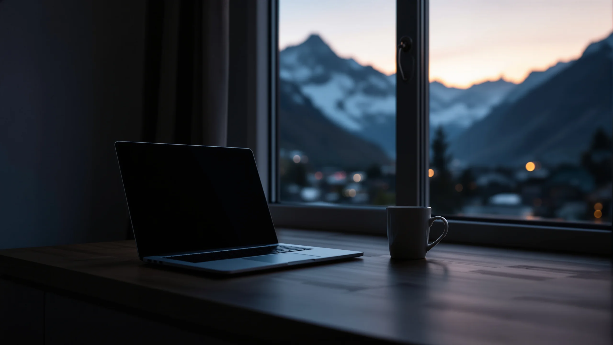 Ruhiger Schreibtisch am Fenster im ersten Morgenlicht