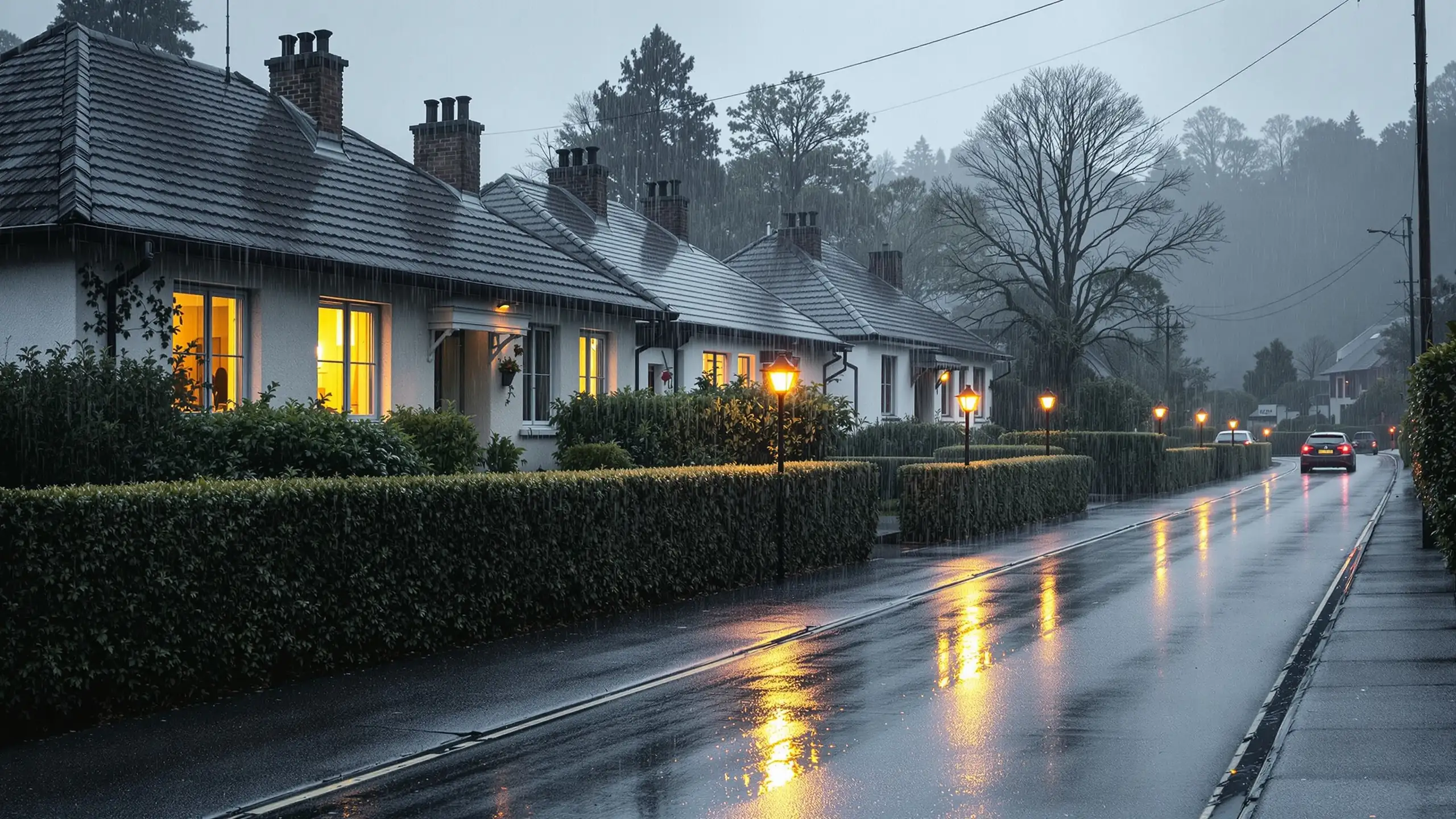 Wohnstrasse im Regen, nasser Asphalt und warm erleuchtete Fenster hinter Hecken
