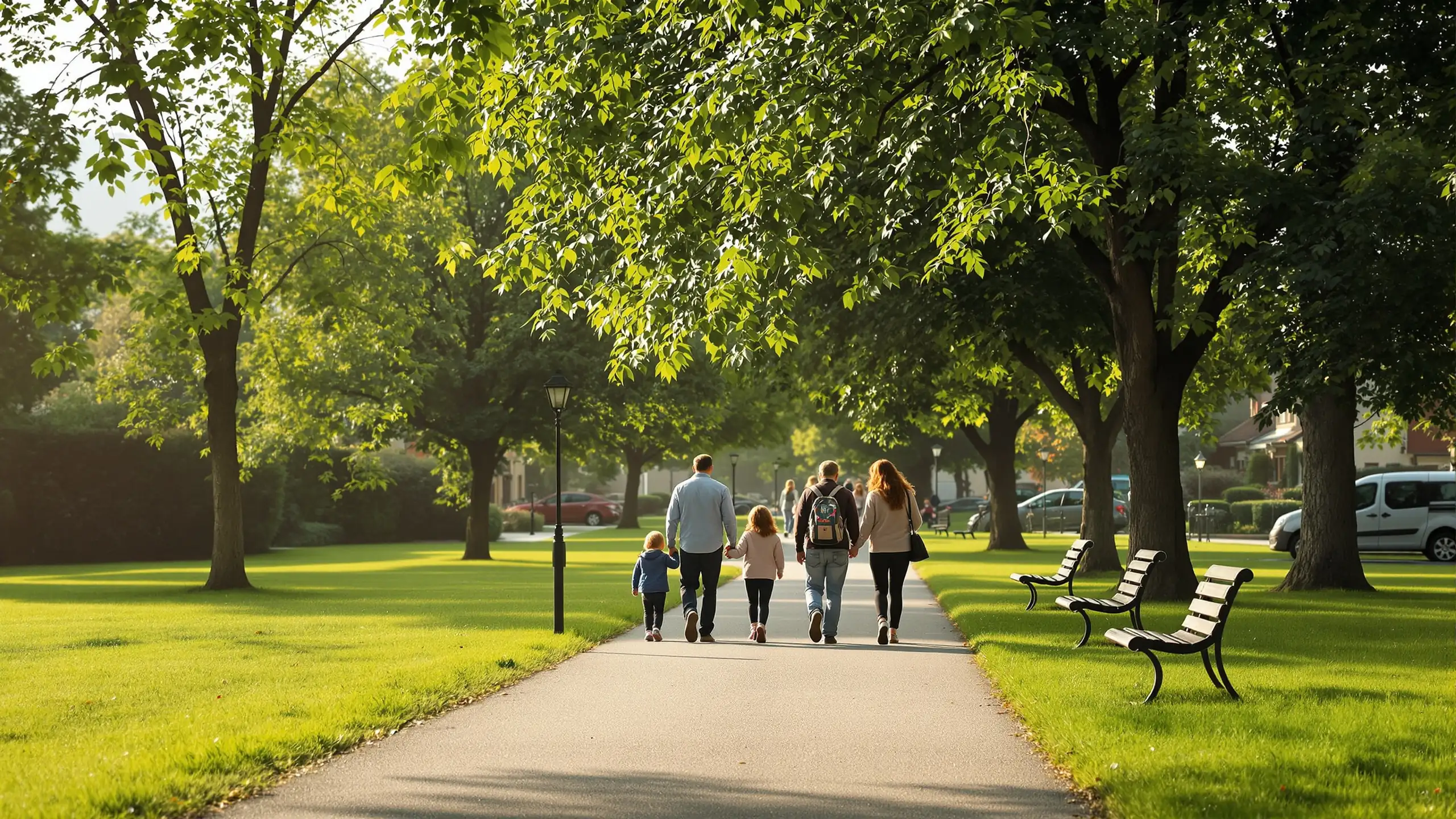 Families on a path through a green neighbourhood park